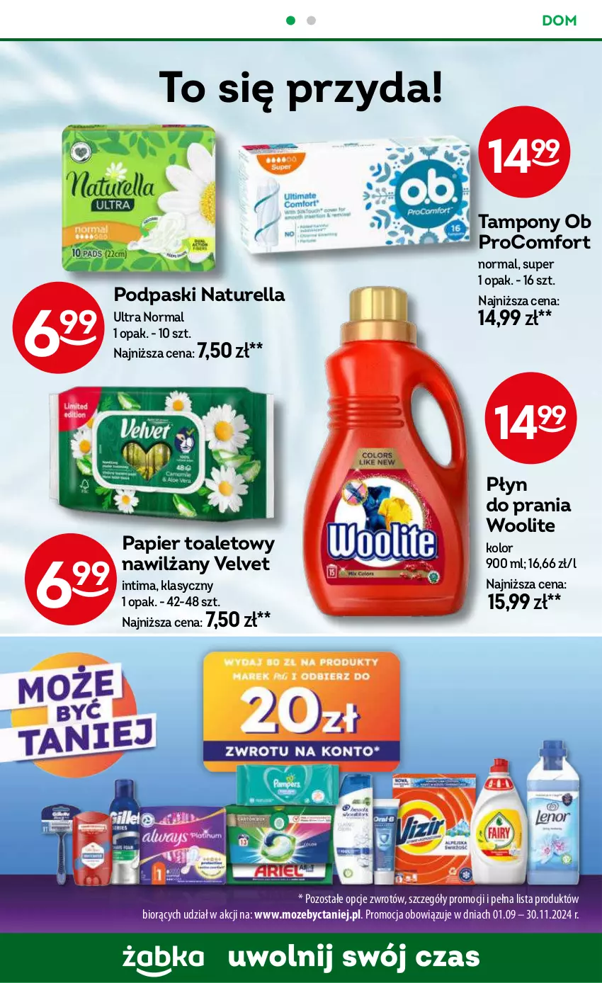 Gazetka promocyjna Żabka - ważna 23.10 do 05.11.2024 - strona 62 - produkty: Naturell, Naturella, Papier, Papier toaletowy, Podpaski, Tampony, Velvet, Woolite