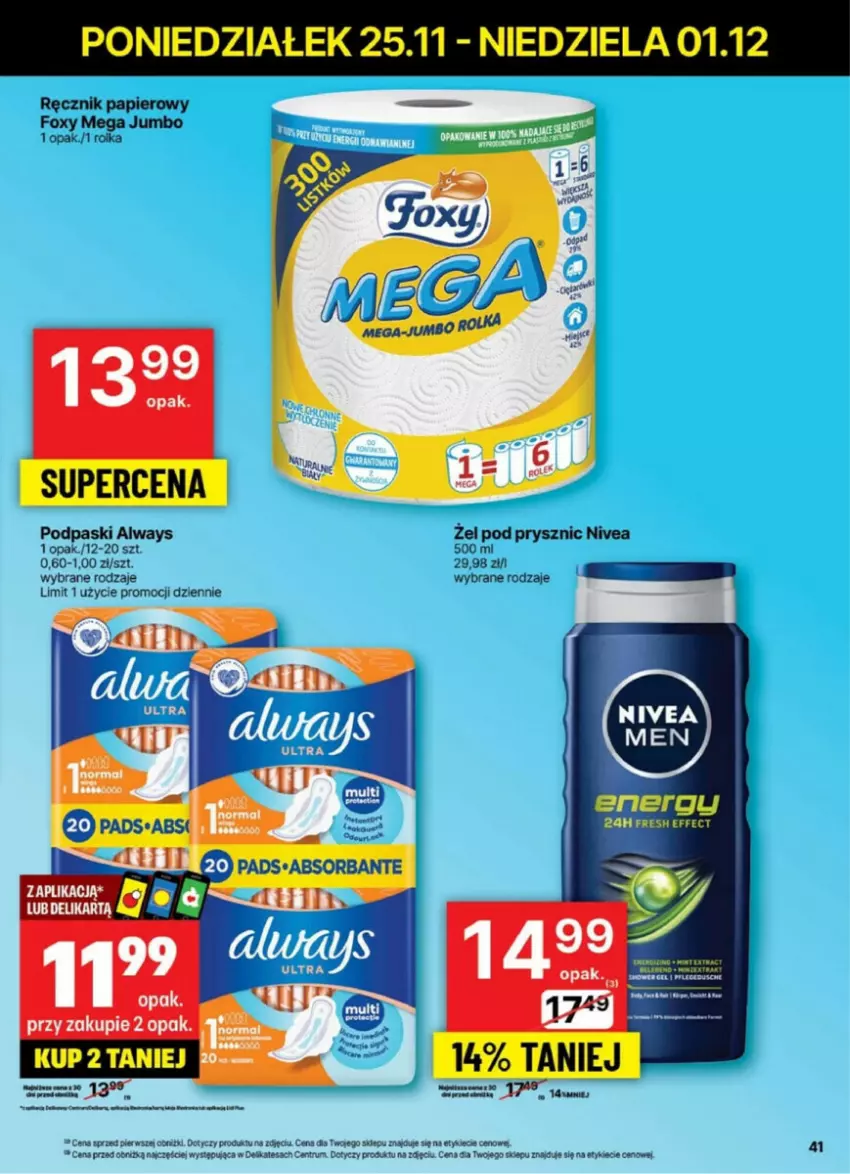 Gazetka promocyjna Delikatesy Centrum - ważna 25.11 do 01.12.2024 - strona 36 - produkty: Always, Foxy, Nivea, Papier, Podpaski, Pur, Ręcznik, Rum