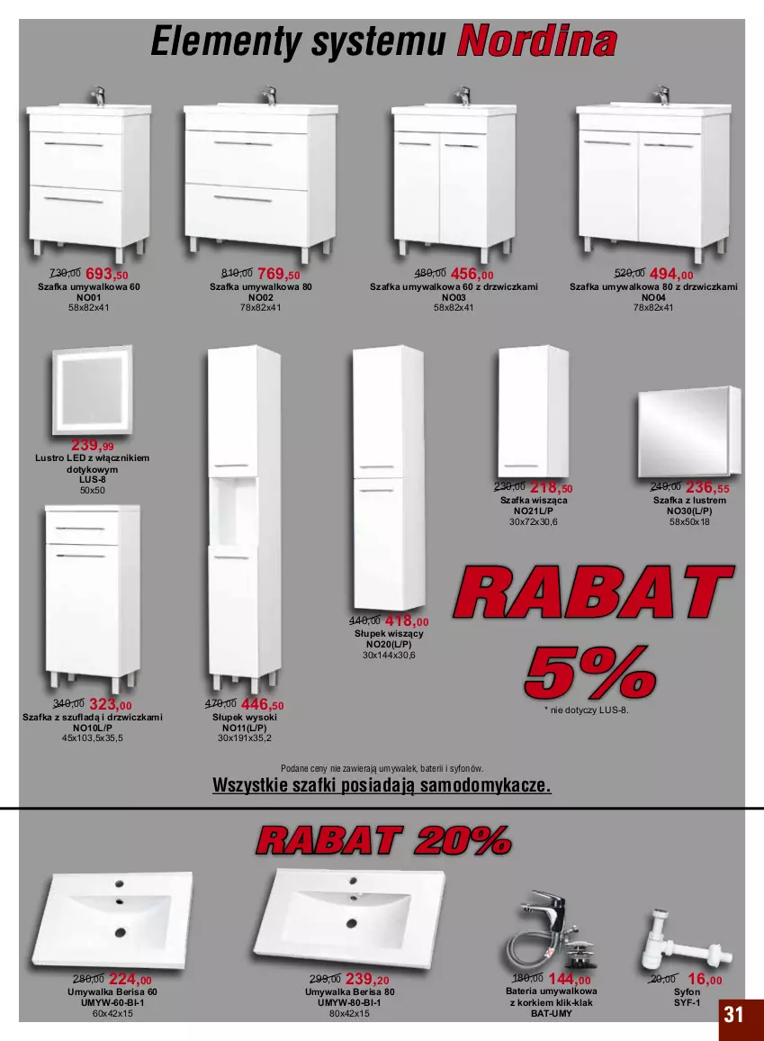 Gazetka promocyjna Bodzio - ważna 01.01 do 31.03.2022 - strona 31 - produkty: Bateria, Bateria umywalkowa, Drzwi, Lustro, Lustro LED, Słupek, Słupek wiszący, Słupek wysoki, Sok, Syfon, Szafka, Szafka umywalkowa, Szafka z lustrem, Umywalka