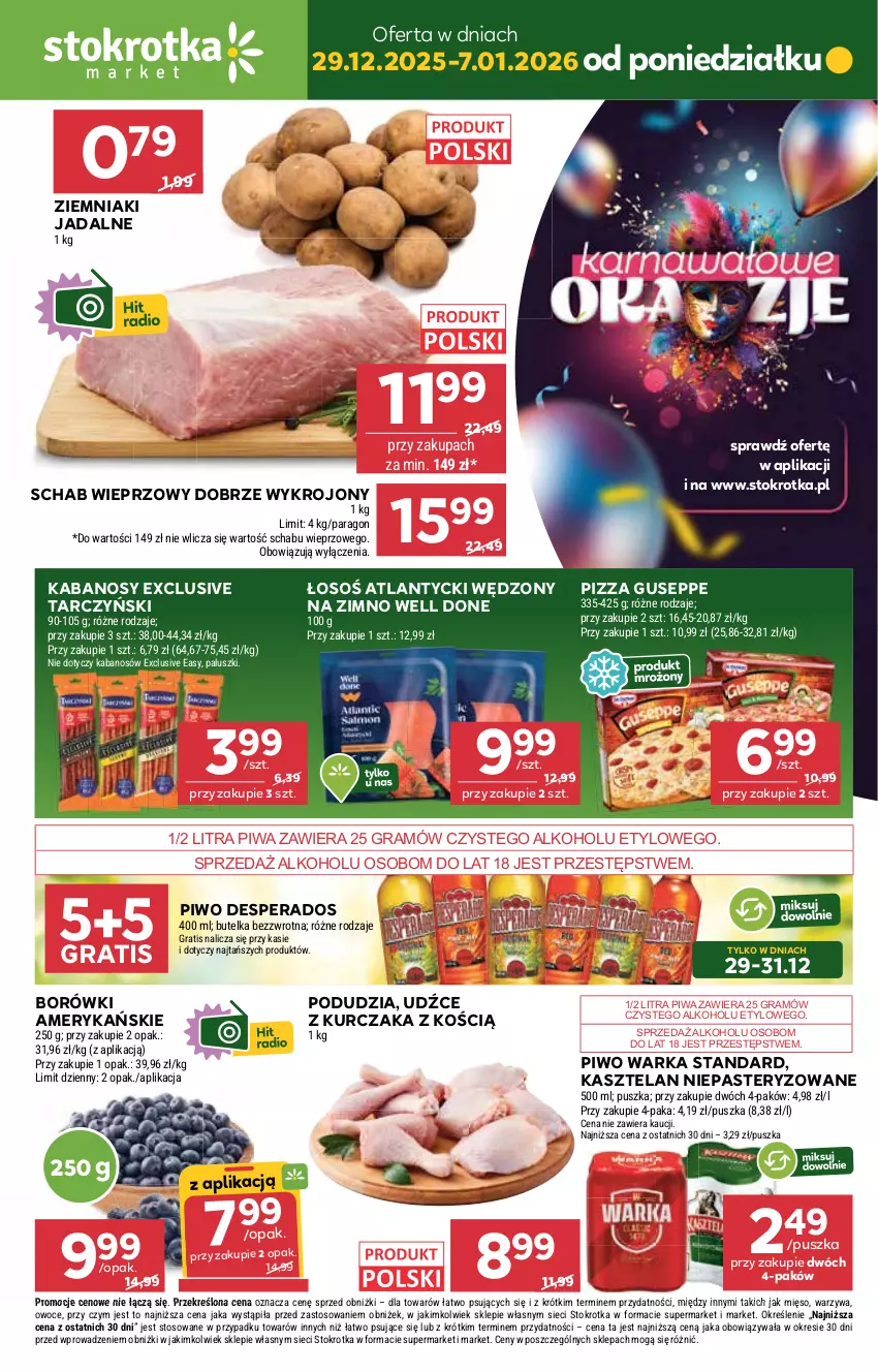 Gazetka promocyjna Stokrotka - Market - ważna 29.12.2025 do 07.01.2026 - strona 1 - produkty: Desperados, Gra, Kabanos, Kasztelan, Kurczak, Mięso, Owoce, Piwa, Piwo, Pizza, Schab wieprzowy, Tarczyński, Warka, Warzywa, Ziemniaki