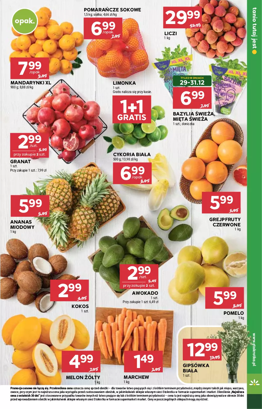 Gazetka promocyjna Stokrotka - Market - ważna 29.12.2025 do 07.01.2026 - strona 11 - produkty: Ananas, Bazyl, Bazylia, Gra, Granat, Grejpfrut, Kokos, Liczi, Limonka, Mandarynki, Melon, Mięso, Mięta, Owoce, Pomarańcze, Pomelo, Siatka, Sok, Warzywa