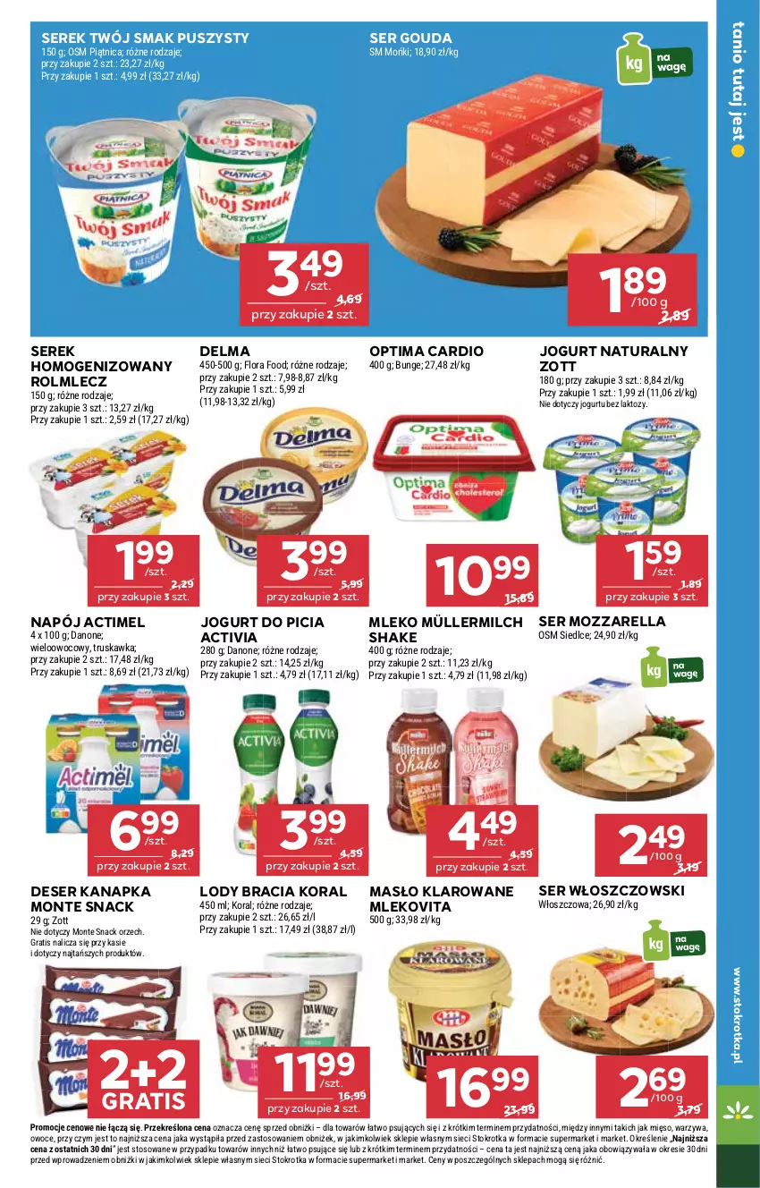 Gazetka promocyjna Stokrotka - Market - ważna 29.12.2025 do 07.01.2026 - strona 13 - produkty: Actimel, Activia, Danone, Delma, Deser, Flora, Gouda, Gra, Jogurt, Jogurt naturalny, Lody, Masło, Masło klarowane, Mięso, Mleko, Mlekovita, Monte, Mozzarella, Müller, Müllermilch, Napój, Optima, Optima Cardio, Owoce, Piątnica, Rolmlecz, Ser, Serek, Serek homogenizowany, Twój Smak, Warzywa, Włoszczowski, Zott