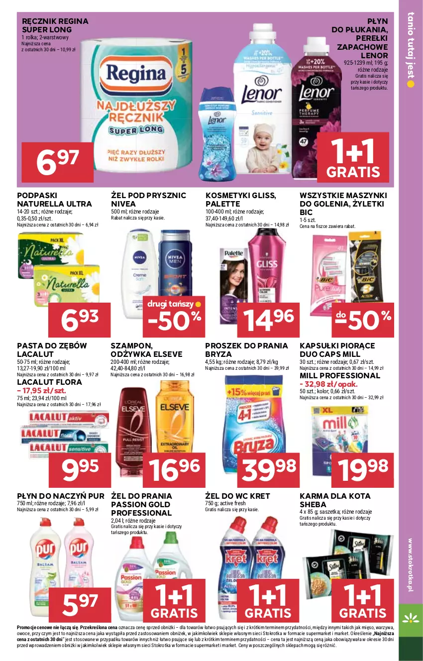 Gazetka promocyjna Stokrotka - Market - ważna 29.12.2025 do 07.01.2026 - strona 20 - produkty: BIC, Bryza, Elseve, Flora, Gin, Gra, Kret, Lacalut, Lenor, Mięso, Naturell, Naturella, Nivea, Odżywka, Owoce, Palette, Pasta do zębów, Perełki zapachowe, Płyn do płukania, Podpaski, Proszek do prania, Pur, Ręcznik, Sheba, Szampon, Warzywa