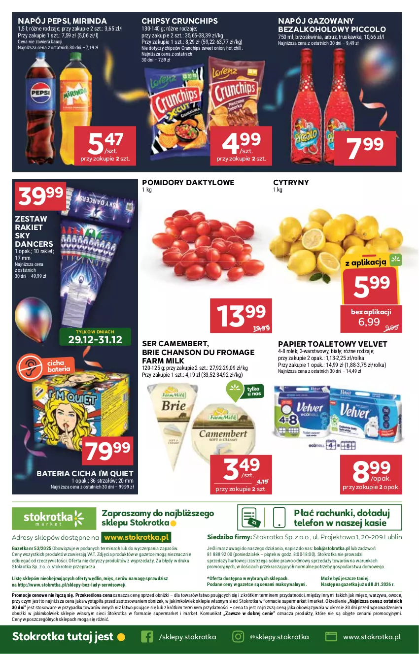 Gazetka promocyjna Stokrotka - Market - ważna 29.12.2025 do 07.01.2026 - strona 21 - produkty: Arbuz, Bateria, Brie, Camembert, Chipsy, Crunchips, Cytryny, Dres, Fa, Farm Milk, JBL, Mięso, Mirinda, Napój, Napój gazowany, O nas, Owoce, Papier, Papier toaletowy, Pepsi, Pomidory, Ser, Strzałów, Telefon, Velvet, Wagi, Warzywa