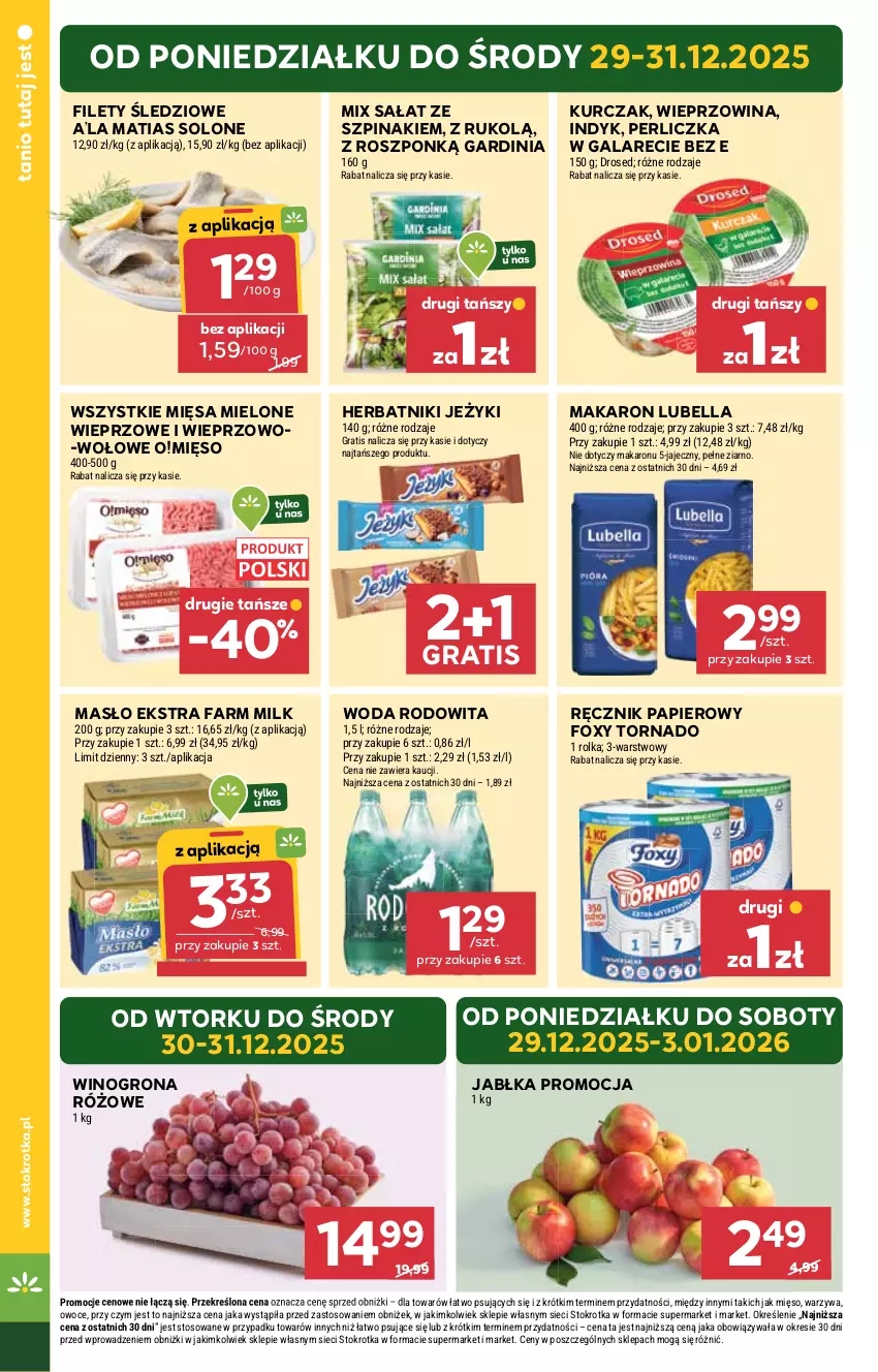 Gazetka promocyjna Stokrotka - Market - ważna 29.12.2025 do 07.01.2026 - strona 4 - produkty: Bell, Bella, Fa, Farm Milk, Foxy, Gala, Gra, Herbatniki, Jabłka, Jeżyki, Kurczak, Lubella, Makaron, Masło, Mięso, Owoce, Papier, Perliczka, Ręcznik, Sałat, Szpinak, Warzywa, Wieprzowina, Wino, Winogrona, Woda