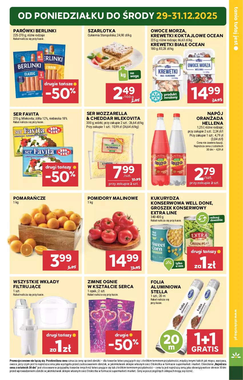 Gazetka promocyjna Stokrotka - Market - ważna 29.12.2025 do 07.01.2026 - strona 5 - produkty: Berlinki, Cheddar, Cukier, Fa, Favita, Folia aluminiowa, Gra, Groszek, Hellena, Krewetki, Kukurydza, Kukurydza konserwowa, Mięso, Mleko, Mlekovita, Mozzarella, Napój, Oranżada, Owoce, Owoce morza, Parówki, Pomarańcze, Pomidory, Ser, Szarlotka, Warzywa