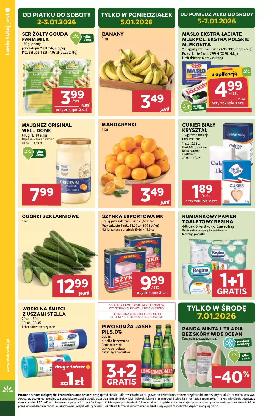 Gazetka promocyjna Stokrotka - Market - ważna 29.12.2025 do 07.01.2026 - strona 6 - produkty: Banany, Cukier, Fa, Farm Milk, Gin, Gouda, Gra, Majonez, Mandarynki, Masło, Mięso, Mintaj, Mleko, Mlekovita, Owoce, Panga, Papier, Papier toaletowy, Piwa, Piwo, Por, Rum, Ser, Szynka, Tilapia, Warzywa, Worki na śmiec, Worki na śmieci