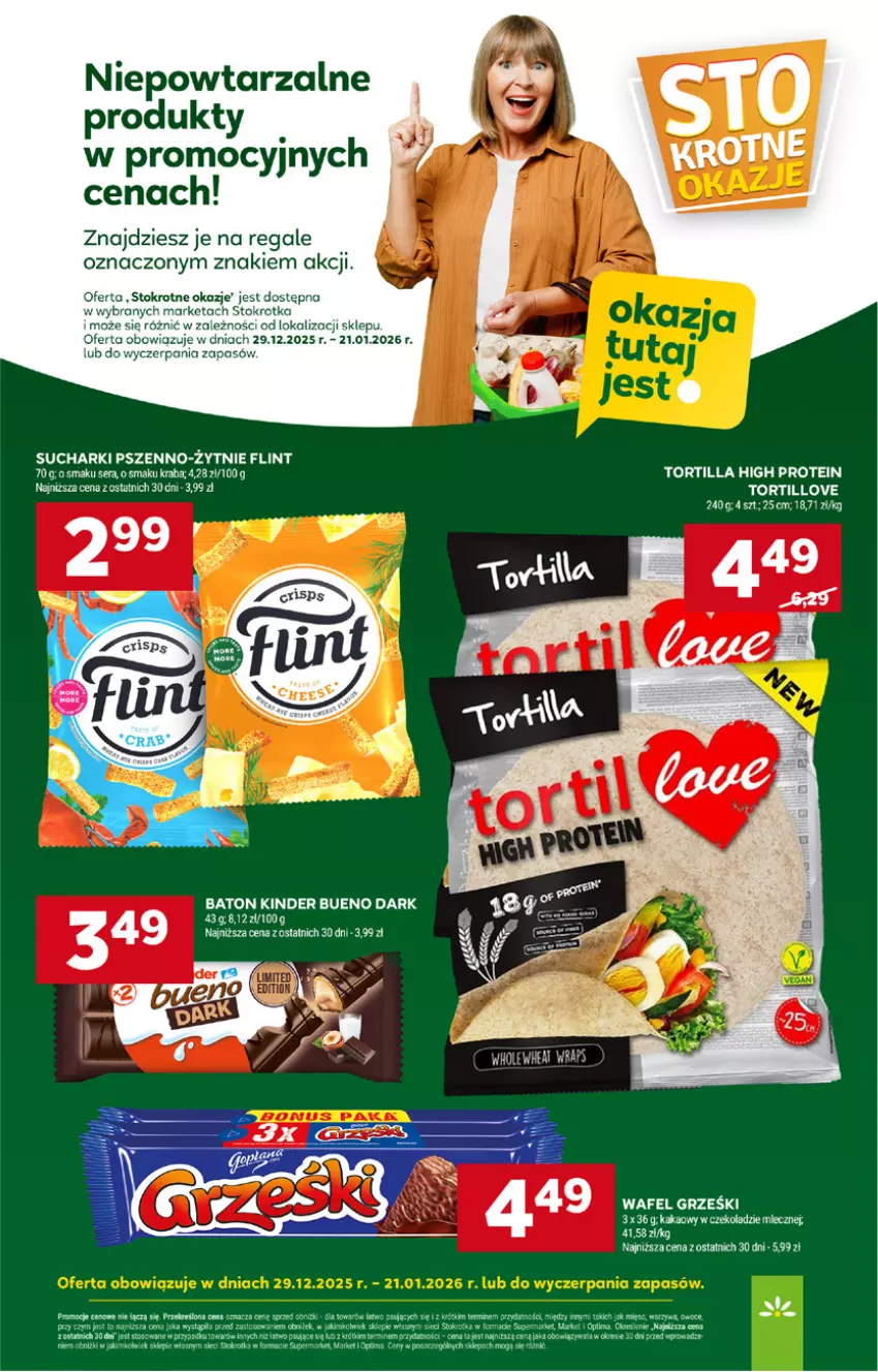 Gazetka promocyjna Stokrotka - Market - ważna 29.12.2025 do 07.01.2026 - strona 9 - produkty: Baton, Grześki, Kakao, Kinder, Kinder Bueno, Mięso, Owoce, Ser, Tortilla, Warzywa