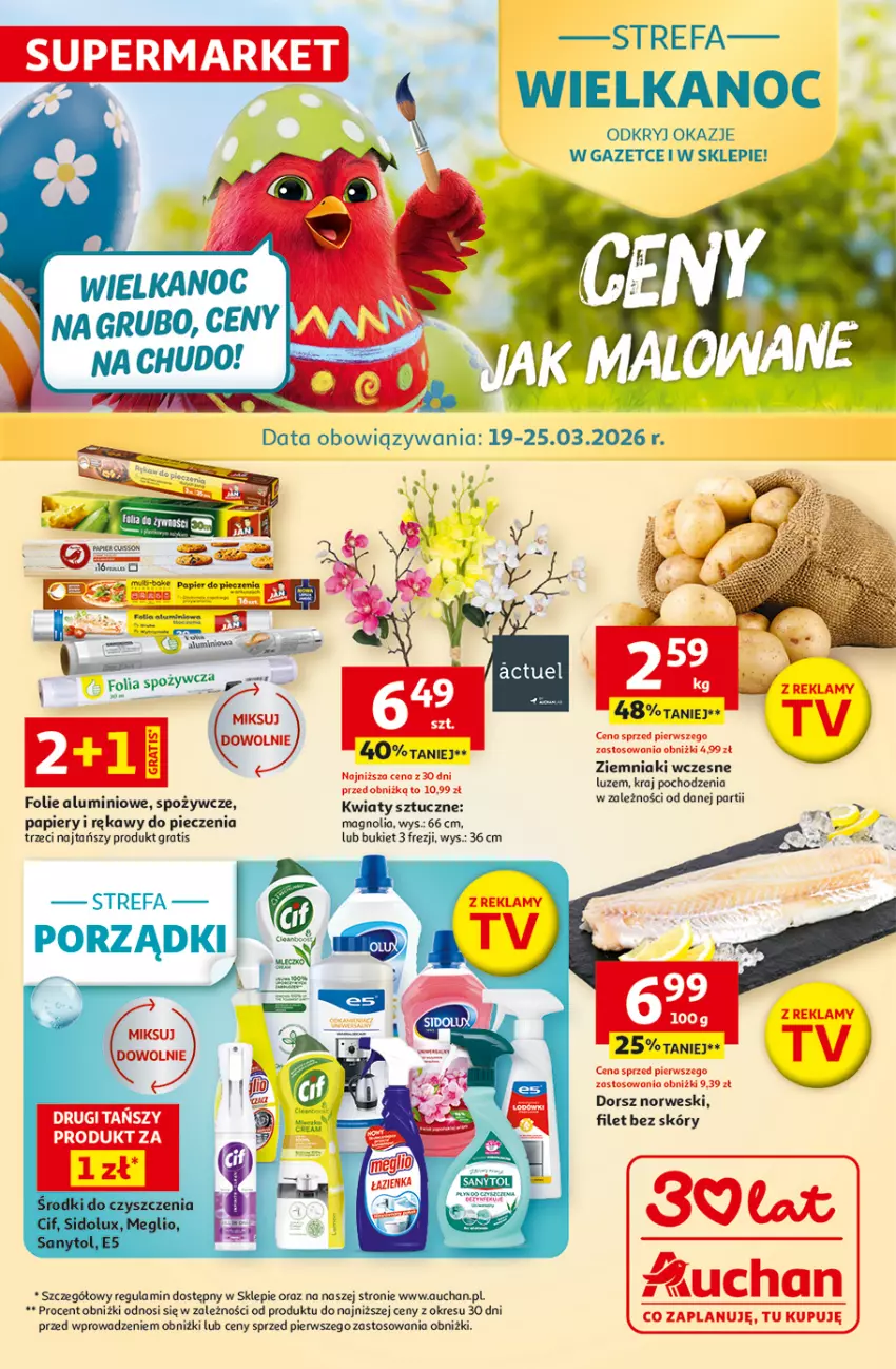 Gazetka promocyjna Auchan - 30 Lat Supermarket - ważna 19.03 do 25.03.2026 - strona 1 - produkty: Bukiet, Dorsz, Fa, Gra, Papier, Piec, Por, Ziemniaki