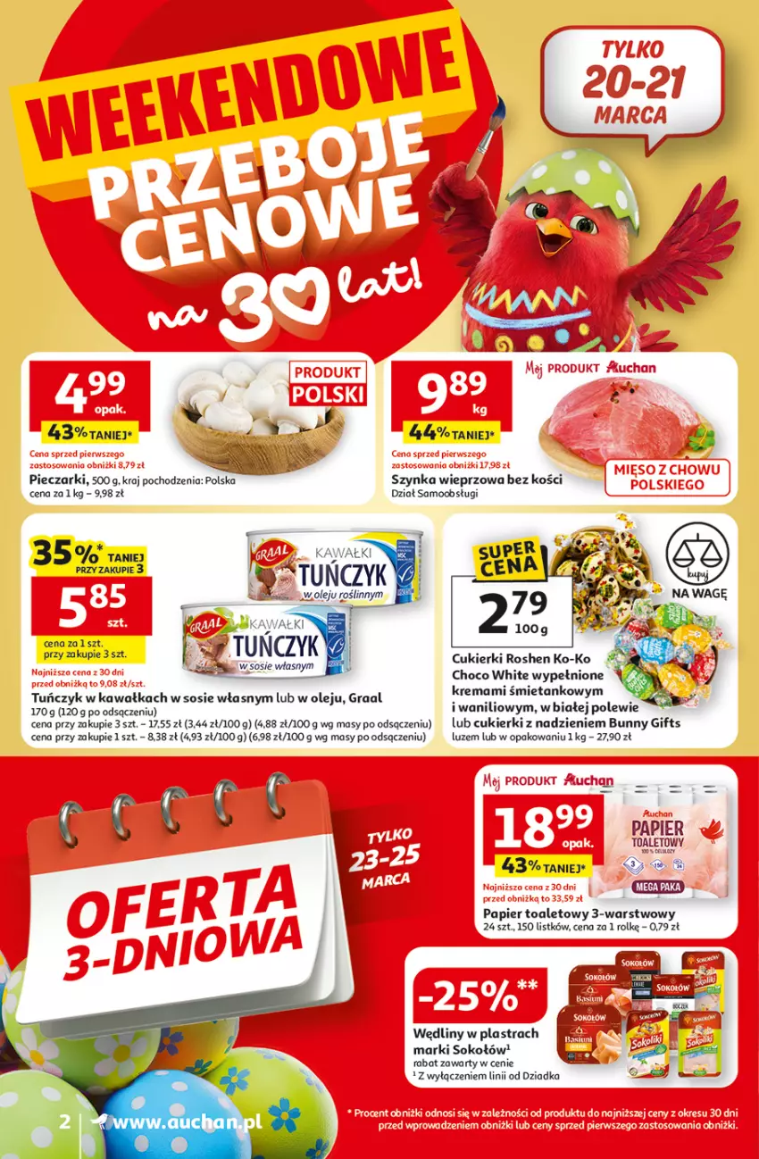Gazetka promocyjna Auchan - 30 Lat Supermarket - ważna 19.03 do 25.03.2026 - strona 2 - produkty: Cukier, Cukierki, Gra, Graal, Kawa, Olej, Papier, Papier toaletowy, Piec, Sok, Sokołów, Sos, Szynka, Szynka wieprzowa, Tuńczyk