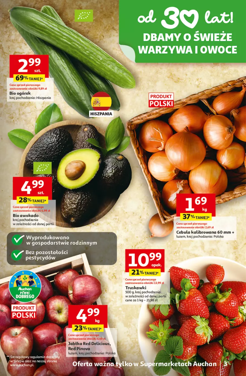 Gazetka promocyjna Auchan - 30 Lat Supermarket - ważna 19.03 do 25.03.2026 - strona 3 - produkty: Cebula, Fa, Jabłka, Ogórek, Owoce, Truskawki, Warzywa, Warzywa i owoce