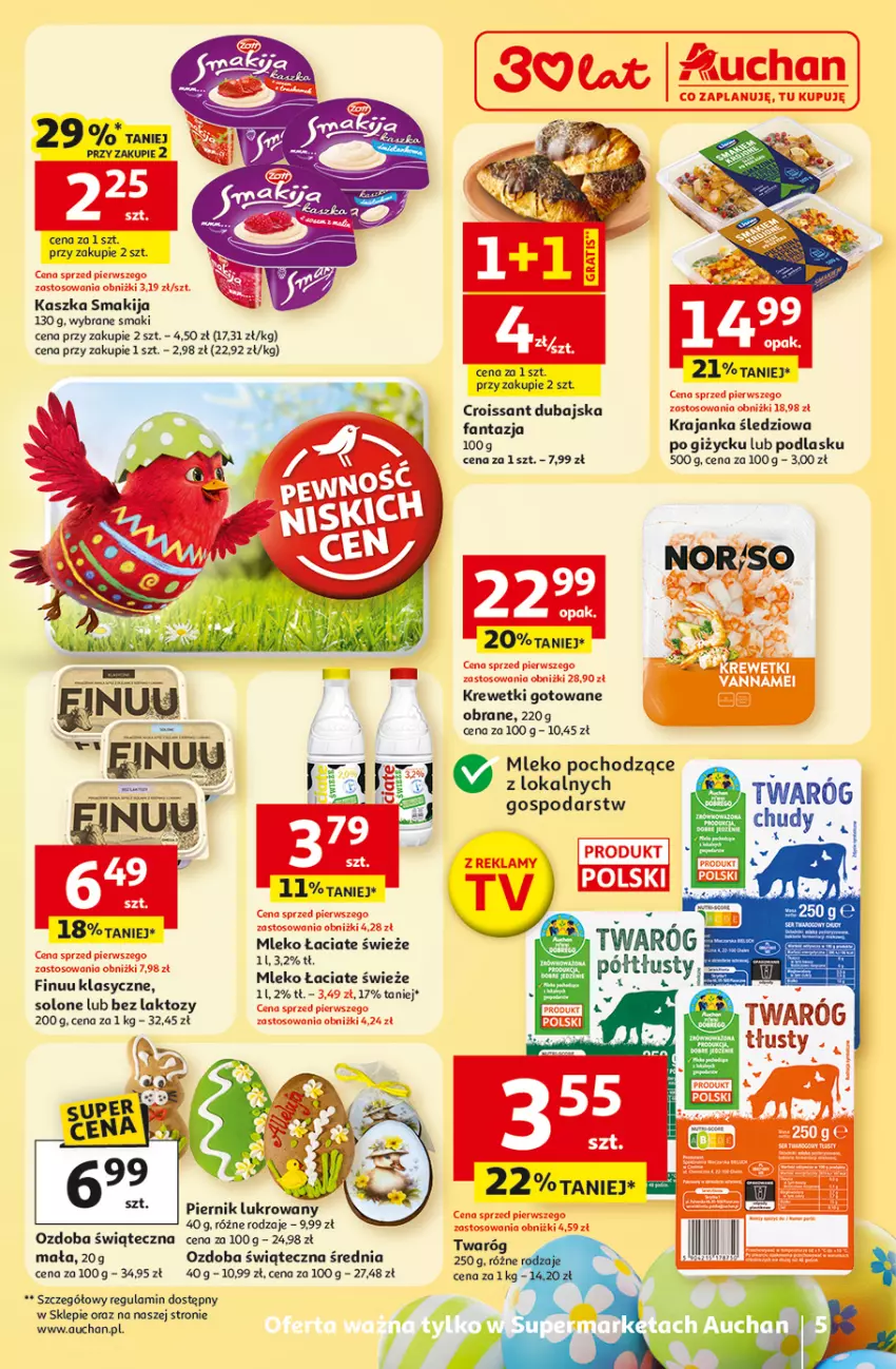 Gazetka promocyjna Auchan - 30 Lat Supermarket - ważna 19.03 do 25.03.2026 - strona 5 - produkty: Croissant, Fa, Fanta, Finuu, Krajanka śledziowa, Krewetki, Mleko, Ozdoba, Piernik, Smakija, Twaróg