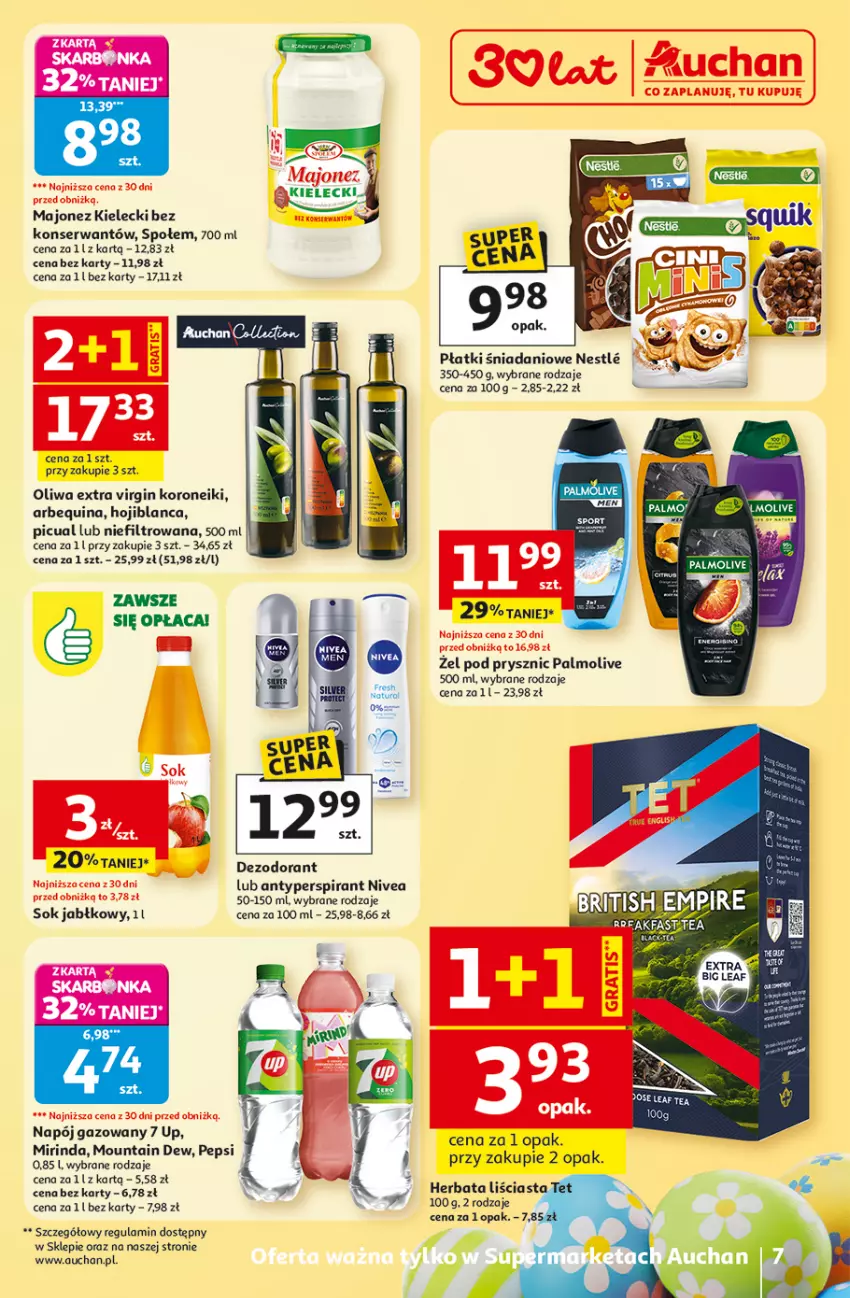 Gazetka promocyjna Auchan - 30 Lat Supermarket - ważna 19.03 do 25.03.2026 - strona 7 - produkty: Antyperspirant, Danio, Dezodorant, Gin, Herbata, Majonez, Mirinda, Napój, Napój gazowany, Nivea, Oliwa, Palmolive, Pepsi, Ser, Sok, Sok jabłkowy