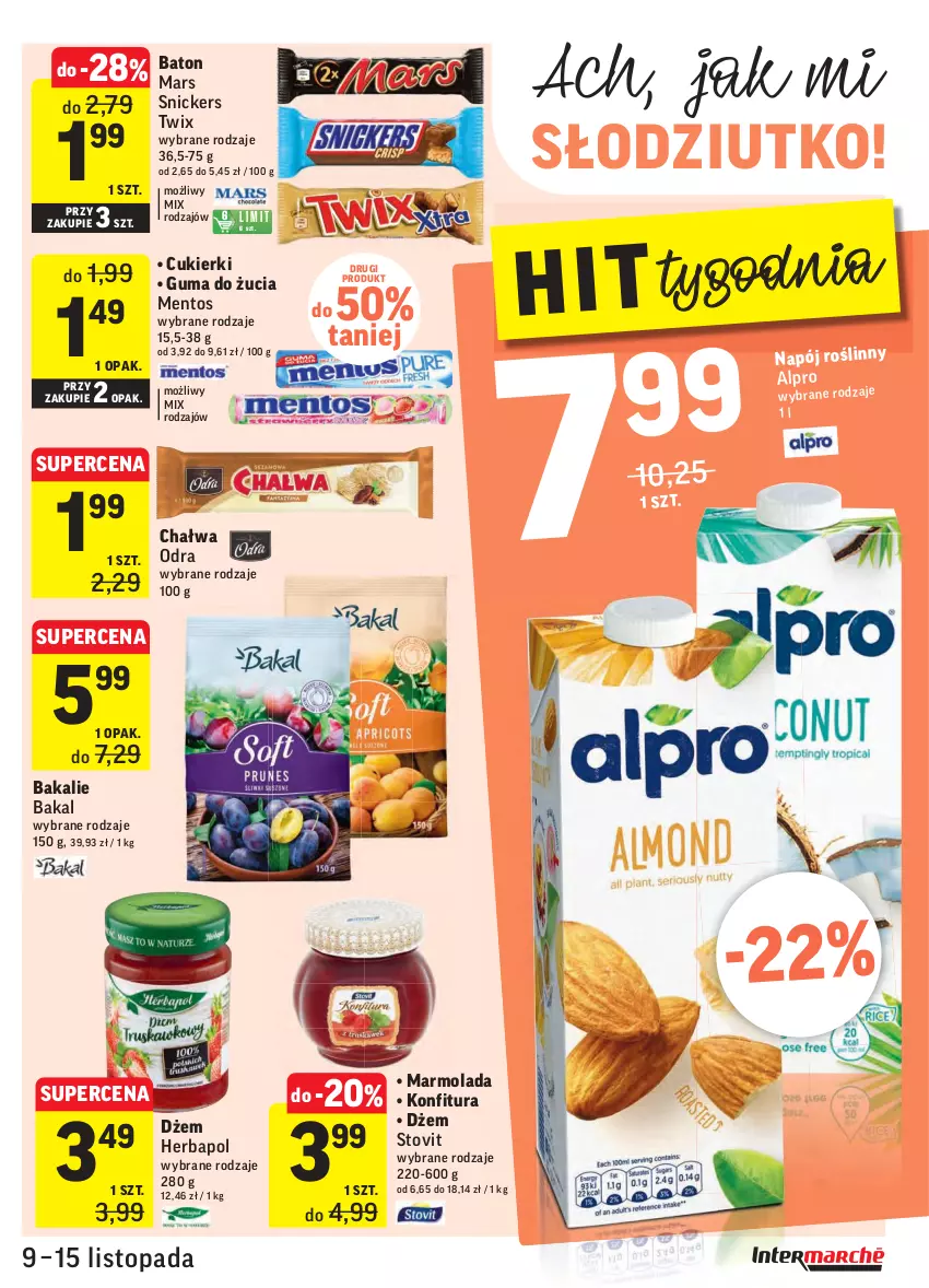 Gazetka promocyjna Intermarche - Gazetka promocyjna - ważna 09.11 do 15.11.2021 - strona 27 - produkty: Alpro, Baton, Chałwa, Cukier, Cukierki, Dżem, Guma do żucia, Herbapol, Konfitura, Marmolada, Mars, Mentos, Mola, Napój, Napój roślinny, Snickers, Top, Twix