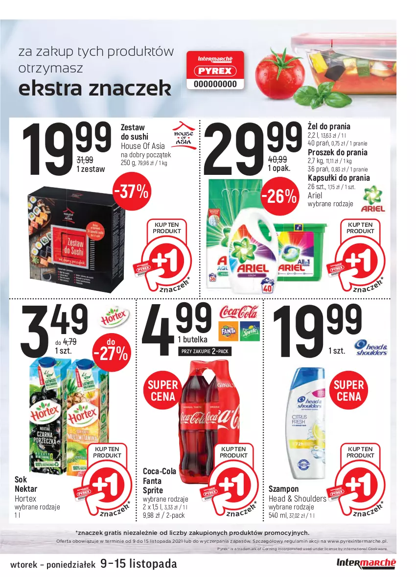 Gazetka promocyjna Intermarche - Gazetka promocyjna - ważna 09.11 do 15.11.2021 - strona 7 - produkty: Ariel, Coca-Cola, Fa, Fanta, Gra, Hortex, House of Asia, Kapsułki do prania, Nektar, Por, Proszek do prania, Sok, Sprite, Sushi, Szampon, Top, Zestaw do sushi