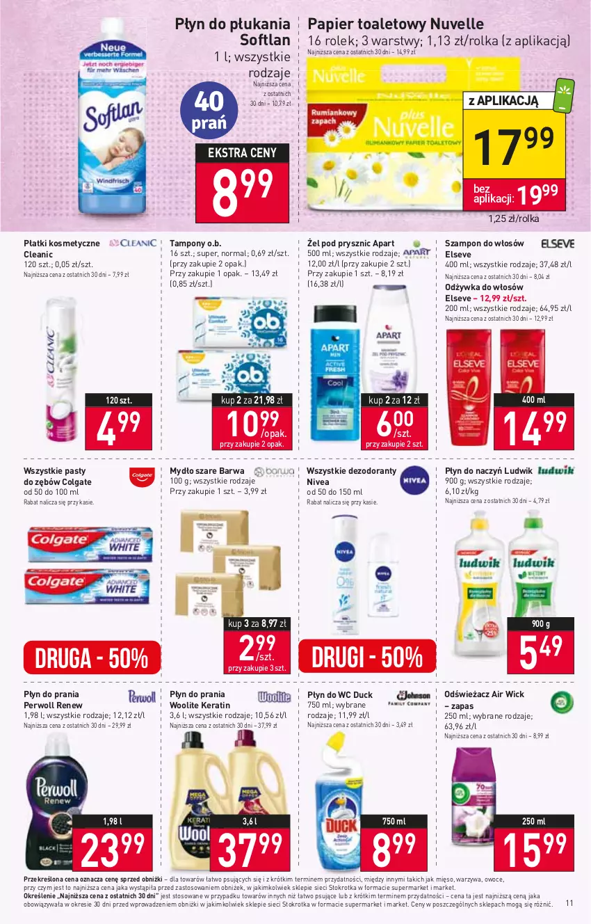 Gazetka promocyjna Stokrotka - Market - ważna 22.06 do 28.06.2023 - strona 12 - produkty: Air Wick, Cleanic, Colgate, Dezodorant, Duck, Elseve, LG, Ludwik, Mięso, Mydło, Nivea, O.B., Odżywka, Owoce, Papier, Papier toaletowy, Perwoll, Płatki kosmetyczne, Płyn do płukania, Płyn do prania, Płyn do wc, Szampon, Tampony, Warzywa, Woolite