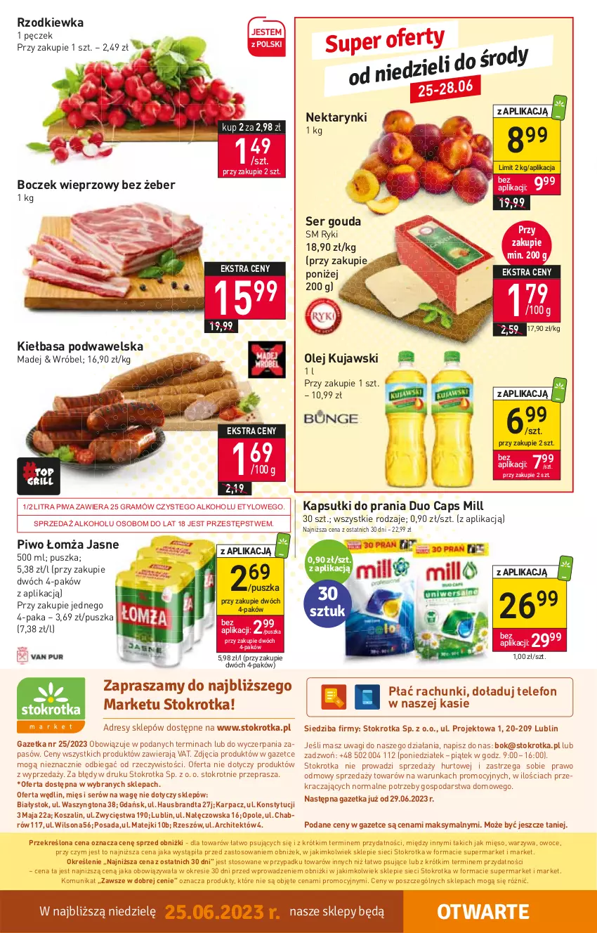 Gazetka promocyjna Stokrotka - Market - ważna 22.06 do 28.06.2023 - strona 14 - produkty: Boczek, Boczek wieprzowy, Gouda, Gra, Kapsułki do prania, Karp, Kiełbasa, Kiełbasa podwawelska, Kosz, Kujawski, Mięso, Nektar, O nas, Olej, Owoce, Piwa, Piwo, Rzodkiewka, Ser, Szal, Telefon, Wagi, Warzywa, Wawel, Wilson