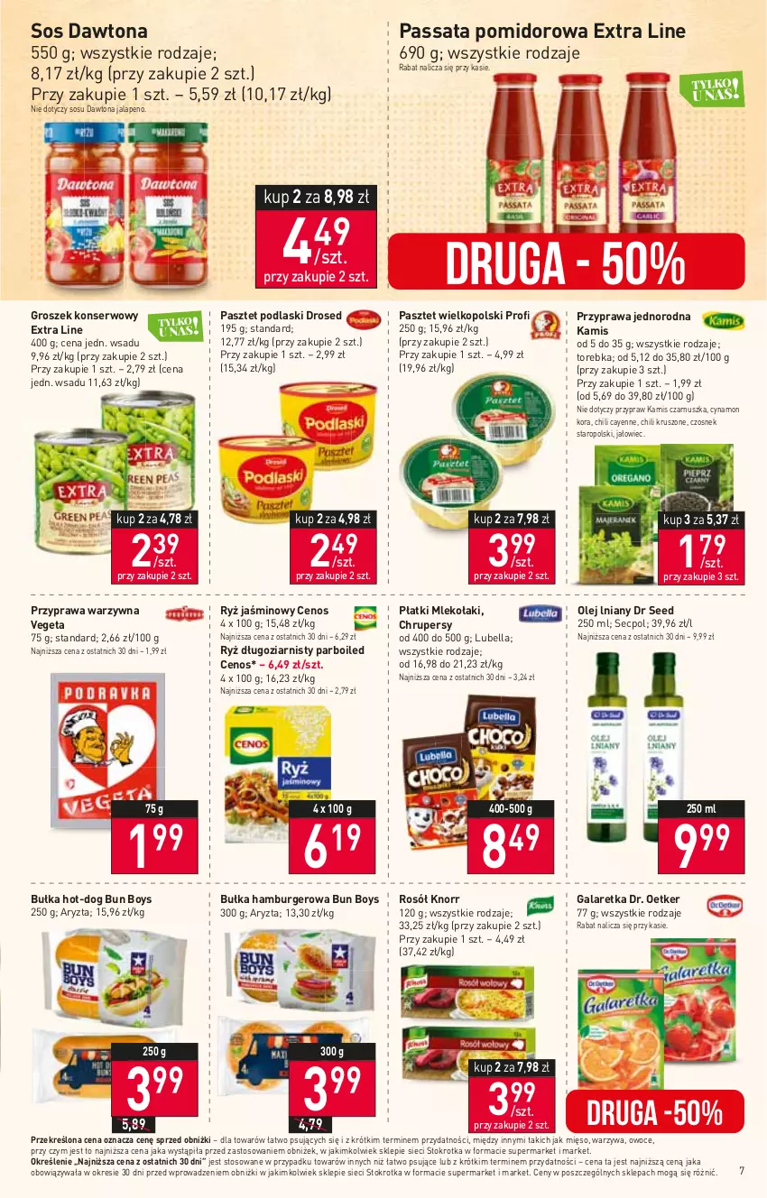 Gazetka promocyjna Stokrotka - Market - ważna 22.06 do 28.06.2023 - strona 8 - produkty: Bell, Bella, Bułka, Bułka hamburger, Burger, Cenos, Czosnek, Dawtona, Dr. Oetker, Gala, Galaretka, Groszek, Hamburger, Kamis, Knorr, Lubella, Mięso, Mleko, Olej, Owoce, Pasztet, Podlaski, Rosół, Ryż, Ser, Sos, Torebka, Vegeta, Warzywa