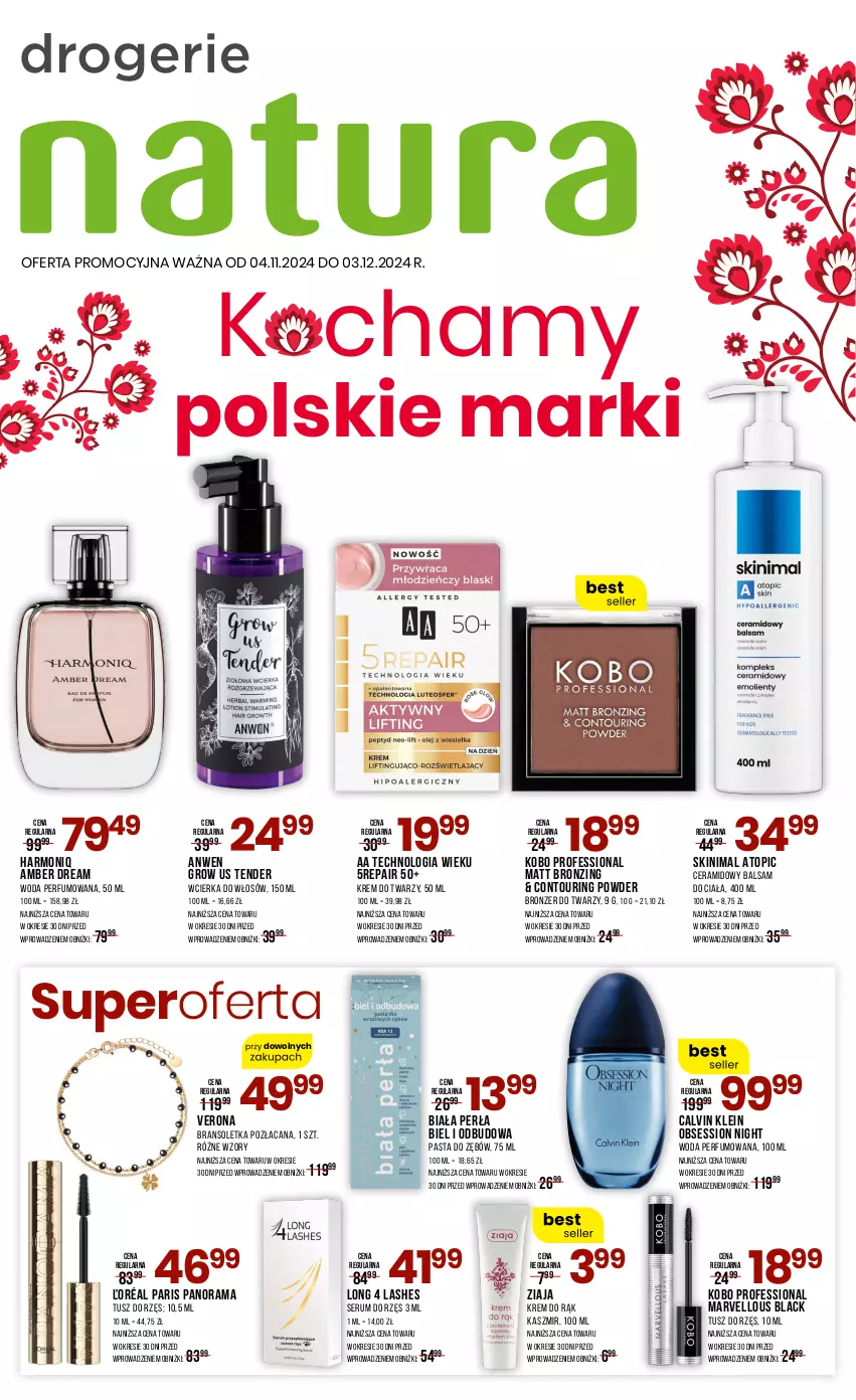 Gazetka promocyjna Drogerie Natura - Gazetka Drogerie Natura - ważna 04.11 do 03.12.2024 - strona 1 - produkty: Acana, Balsam do ciała, Bransoletka, Bronzer, Calvin Klein, KOBO, Krem do rąk, Krem do twarzy, Lack, Long 4 Lashes, Pasta do zębów, Perfum, Perła, Rama, Rum, Ser, Serum, SESSIO, Top, Tusz, Woda, Woda perfumowana, Ziaja