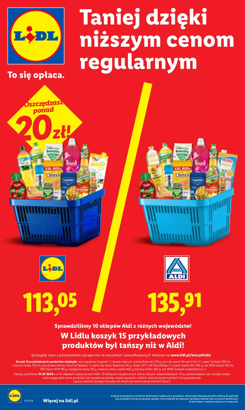 Gazetka promocyjna Lidl - Gazetka ważna od 17.08 do 19.08 - ważna 17.08 do 19.08.2026 - strona 2 - produkty: Bell, Bella, BoboVita, Danie dla dzieci, Deser, Dzieci, Gra, HiPP, Ketchup, Kosz, Kotlin, Kubuś, Kujawski, Lubella, Makaron, Mleko, Napój, Olej, Olej rzepakowy, Olej słonecznikowy, Oshee, Perwoll, Pilos, Płyn do prania, Por, Rama, Ryż, Ser, Sok, Tonik, Tymbark