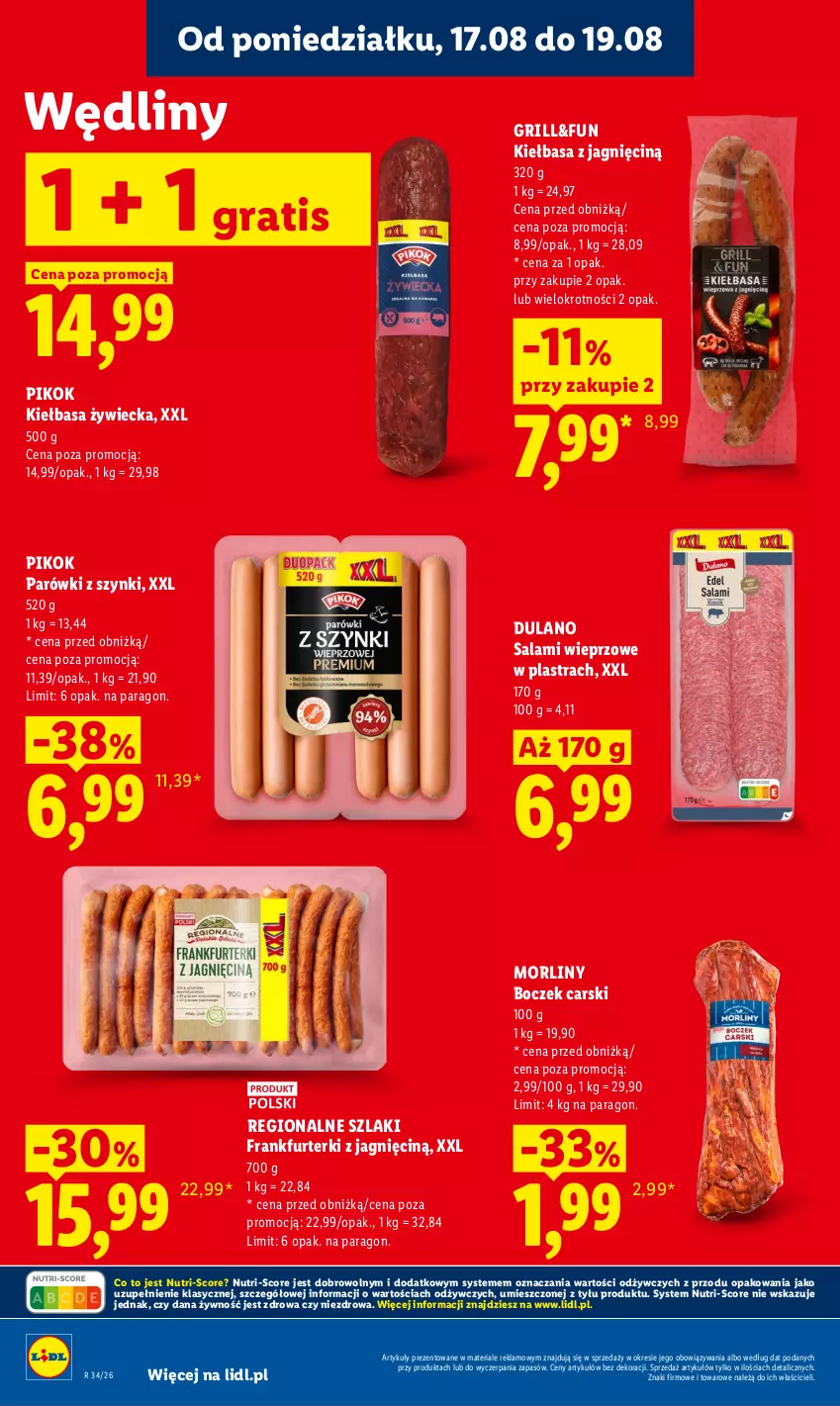 Gazetka promocyjna Lidl - Gazetka ważna od 17.08 do 19.08 - ważna 17.08 do 19.08.2026 - strona 48 - produkty: Boczek, Cars, Dulano, Frankfurterki, Gra, Grill, Kiełbasa, Morliny, Parówki, Parówki z szynki, PIKOK, Salami