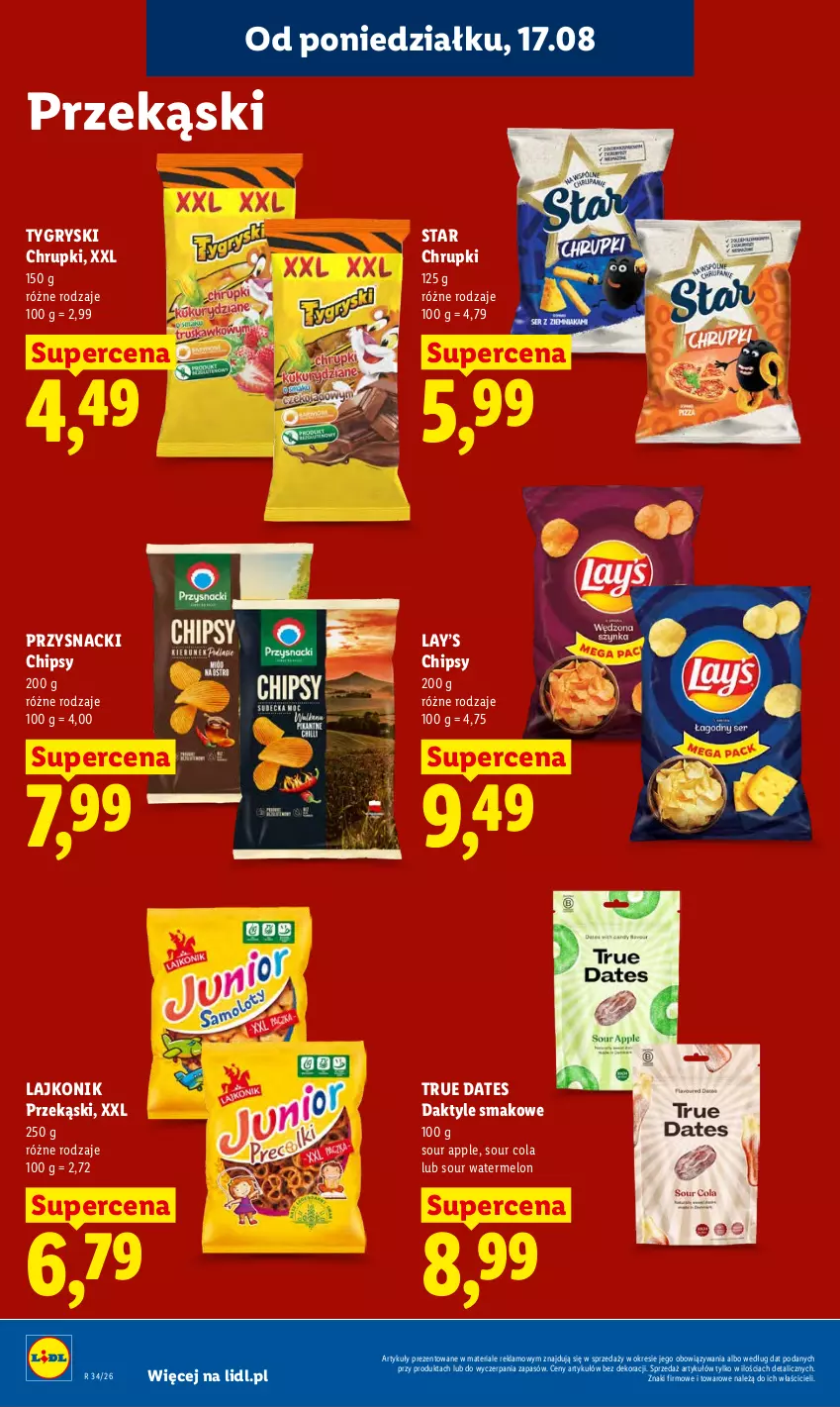 Gazetka promocyjna Lidl - Gazetka ważna od 17.08 do 19.08 - ważna 17.08 do 19.08.2026 - strona 60 - produkty: Chipsy, Chrupki, Daktyle, Gry, Lajkonik, Lay’s, Melon, Przysnacki