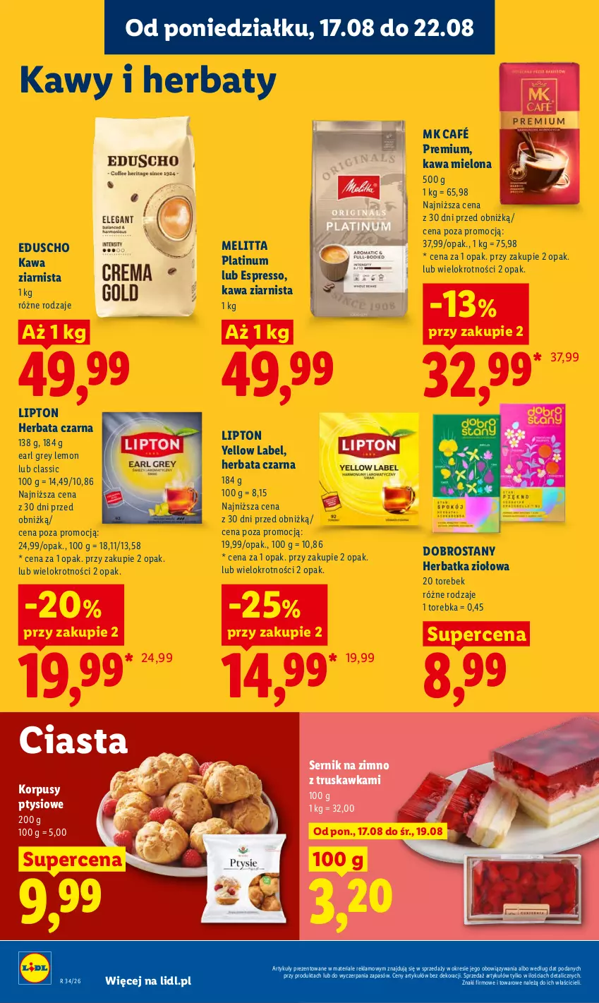 Gazetka promocyjna Lidl - Gazetka ważna od 17.08 do 19.08 - ważna 17.08 do 19.08.2026 - strona 70 - produkty: Earl Grey, Herbata, Herbata czarna, Kawa, Kawa mielona, Kawa ziarnista, Korpusy, Lipton, Ser, Torebka