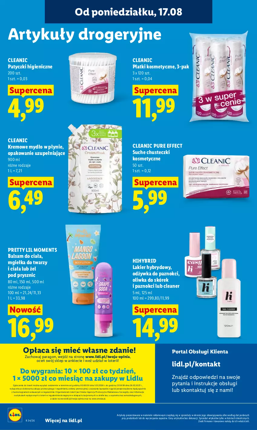 Gazetka promocyjna Lidl - Gazetka ważna od 17.08 do 19.08 - ważna 17.08 do 19.08.2026 - strona 74 - produkty: Balsam do ciała, Chusteczki, Chusteczki kosmetyczne, Cleanic, Gra, Lakier, Lakier hybrydowy, Laur, Mgiełka do twarzy, Mola, Moments, Mydło, Mydło w płynie, Odżywka, Płatki kosmetyczne, Por, Portal, Pur