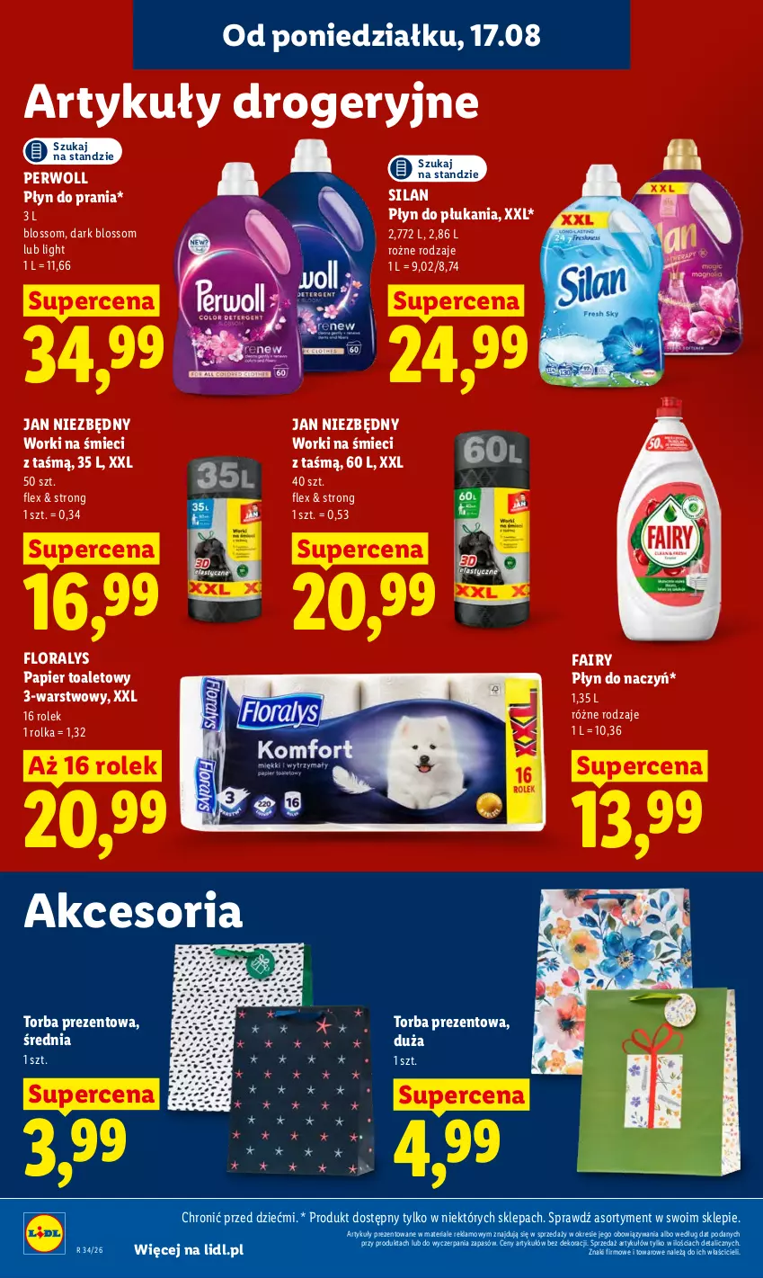 Gazetka promocyjna Lidl - Gazetka ważna od 17.08 do 19.08 - ważna 17.08 do 19.08.2026 - strona 76 - produkty: Fa, Fairy, Flora, Jan Niezbędny, Papier, Papier toaletowy, Perwoll, Płyn do płukania, Płyn do prania, Silan, Torba, Torba prezentowa, Worki na śmiec, Worki na śmieci
