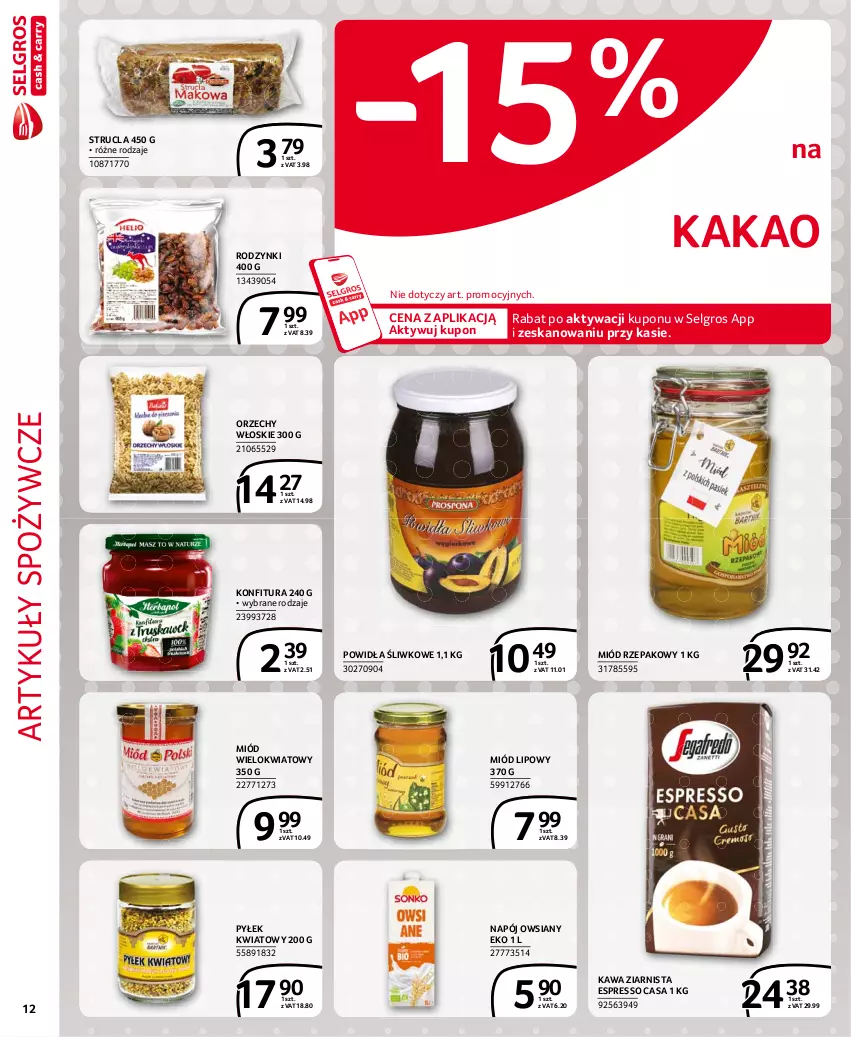 Gazetka promocyjna Selgros - Extra Oferta - ważna 01.02 do 28.02.2021 - strona 12 - produkty: Artykuły spożywcze, Kakao, Kawa, Kawa ziarnista, Konfitura, LG, Miód, Napój, Orzechy włoskie, Rodzynki, Strucla