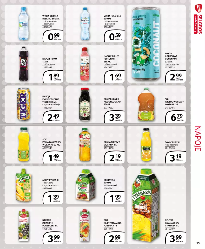 Gazetka promocyjna Selgros - Extra Oferta - ważna 01.02 do 28.02.2021 - strona 15 - produkty: Ananas, Cappy, Fortuna, Kokos, Mus, Napoje, Nektar, Oshee, Por, Sok, Sok jabłkowy, Sok pomarańczowy, Tiger, Tymbark, Woda, Wosana