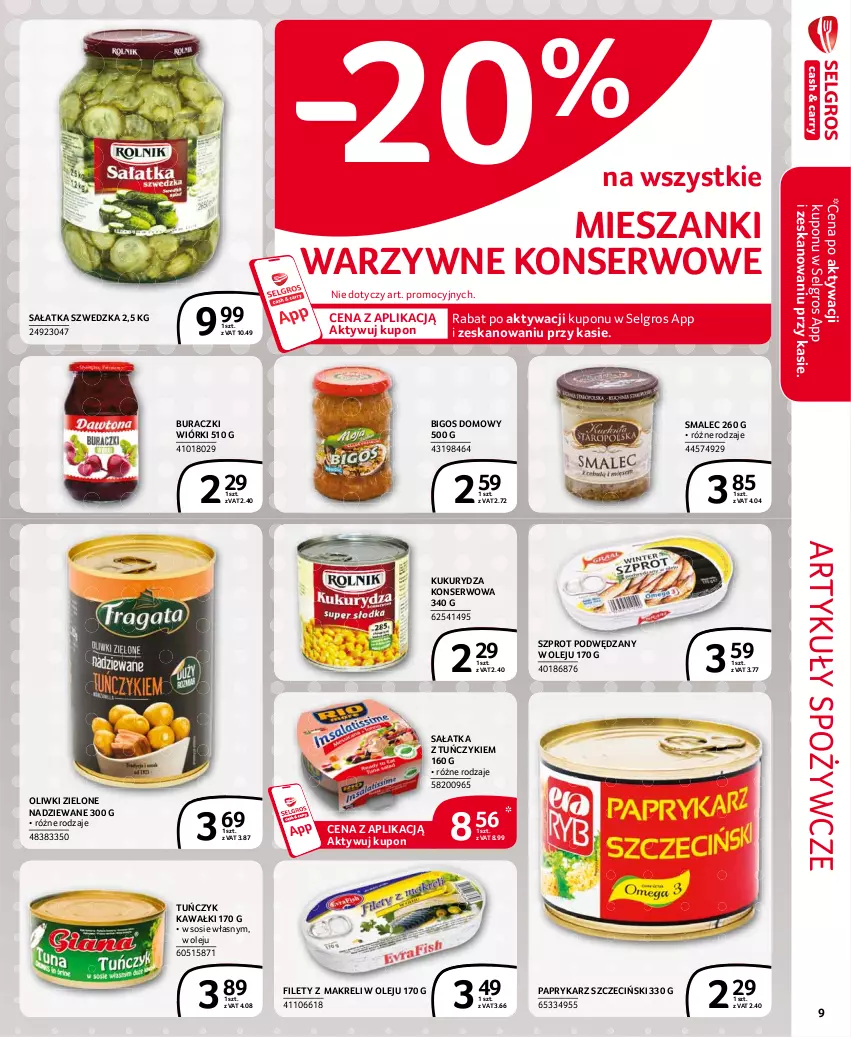 Gazetka promocyjna Selgros - Extra Oferta - ważna 01.02 do 28.02.2021 - strona 9 - produkty: Artykuły spożywcze, Bigos, Buraczki, Kawa, Kukurydza, Kukurydza konserwowa, LG, Olej, Oliwki, Oliwki zielone, Papryka, Paprykarz, Paprykarz szczeciński, Sałat, Sałatka, Ser, Smalec, Sos, Szprot, Tuńczyk