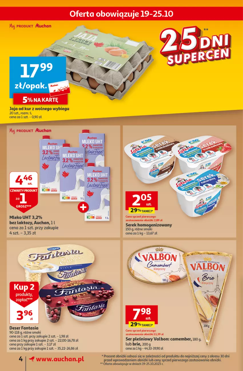 Gazetka promocyjna Auchan - Gazetka 25 DNI SUPERCEN Supermarket Auchan - ważna 19.10 do 31.10.2023 - strona 4 - produkty: Brie, Deser, Fa, Fanta, Jaja, Mleko, Ser, Ser pleśniowy, Serek, Serek homogenizowany