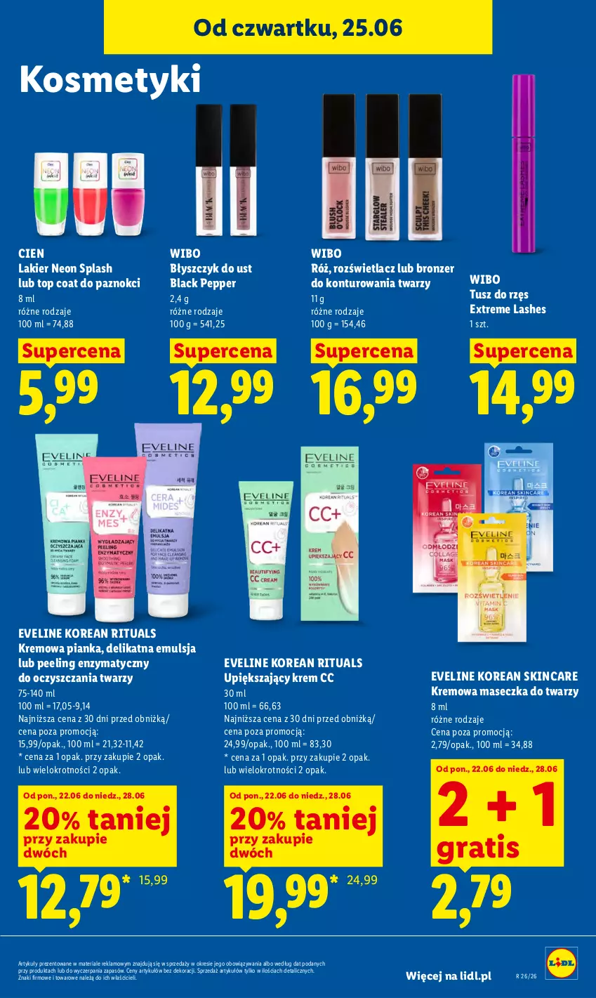 Gazetka promocyjna Lidl - Gazetka ważna od 25.06 do 28.06 - ważna 25.06 do 28.06.2026 - strona 89 - produkty: Błyszczyk do ust, Bronzer, Emulsja, Eveline, Gra, Lack, Lakier, Peeling, Rozświetlacz, Top, Tusz, Wibo