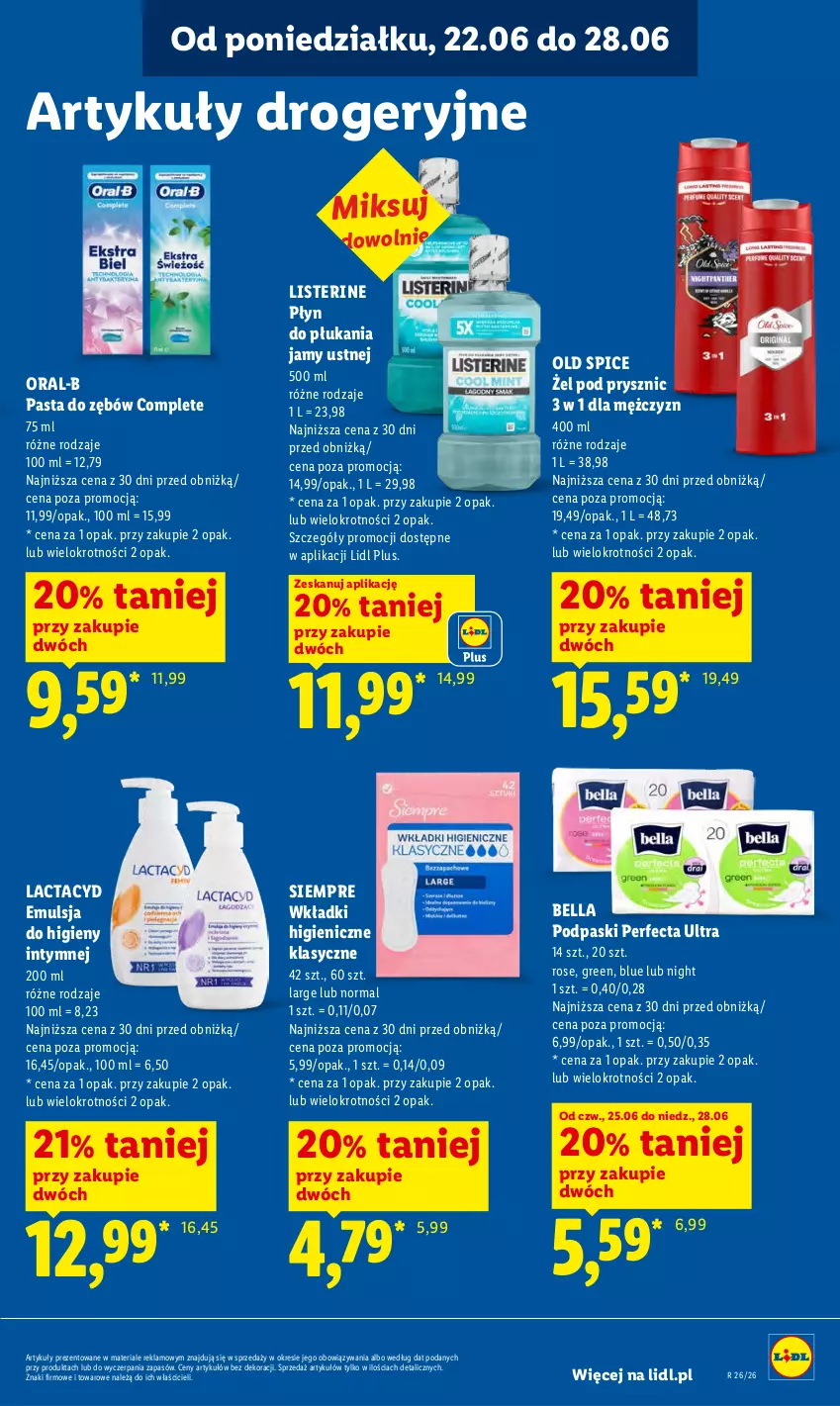 Gazetka promocyjna Lidl - Gazetka ważna od 25.06 do 28.06 - ważna 25.06 do 28.06.2026 - strona 91 - produkty: Bell, Bella, Emulsja, Lactacyd, Listerine, Old Spice, Pasta do zębów, Perfecta, Płyn do płukania, Płyn do płukania jamy ustnej, Podpaski, Wkładki