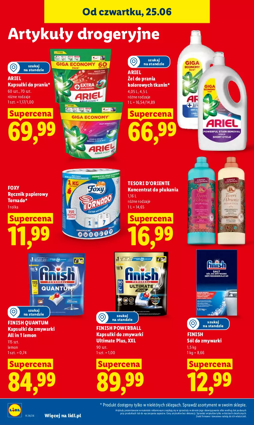 Gazetka promocyjna Lidl - Gazetka ważna od 25.06 do 28.06 - ważna 25.06 do 28.06.2026 - strona 92 - produkty: Ariel, Finish, Foxy, Kapsułki do prania, Papier, Ręcznik, Sól, Zmywarki