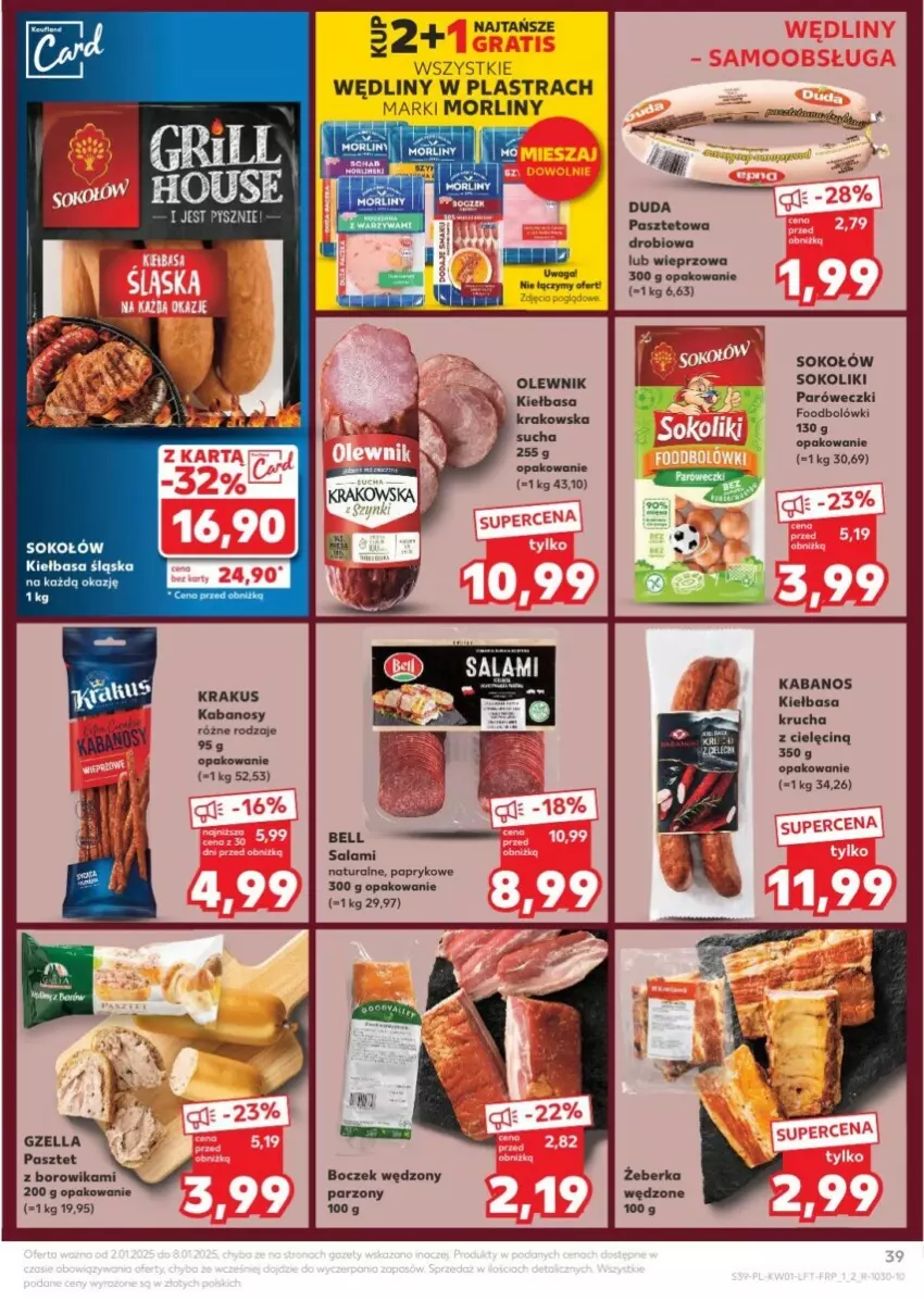 Gazetka promocyjna Kaufland - ważna 02.01 do 08.01.2025 - strona 33 - produkty: Boczek, Duda, Kabanos, Kiełbasa, Kiełbasa krakowska, Kiełbasa krucha, Kiełbasa śląska, Krakus, Morliny, Olewnik, Pasztet, Salami, Sok, Sokołów, Waga