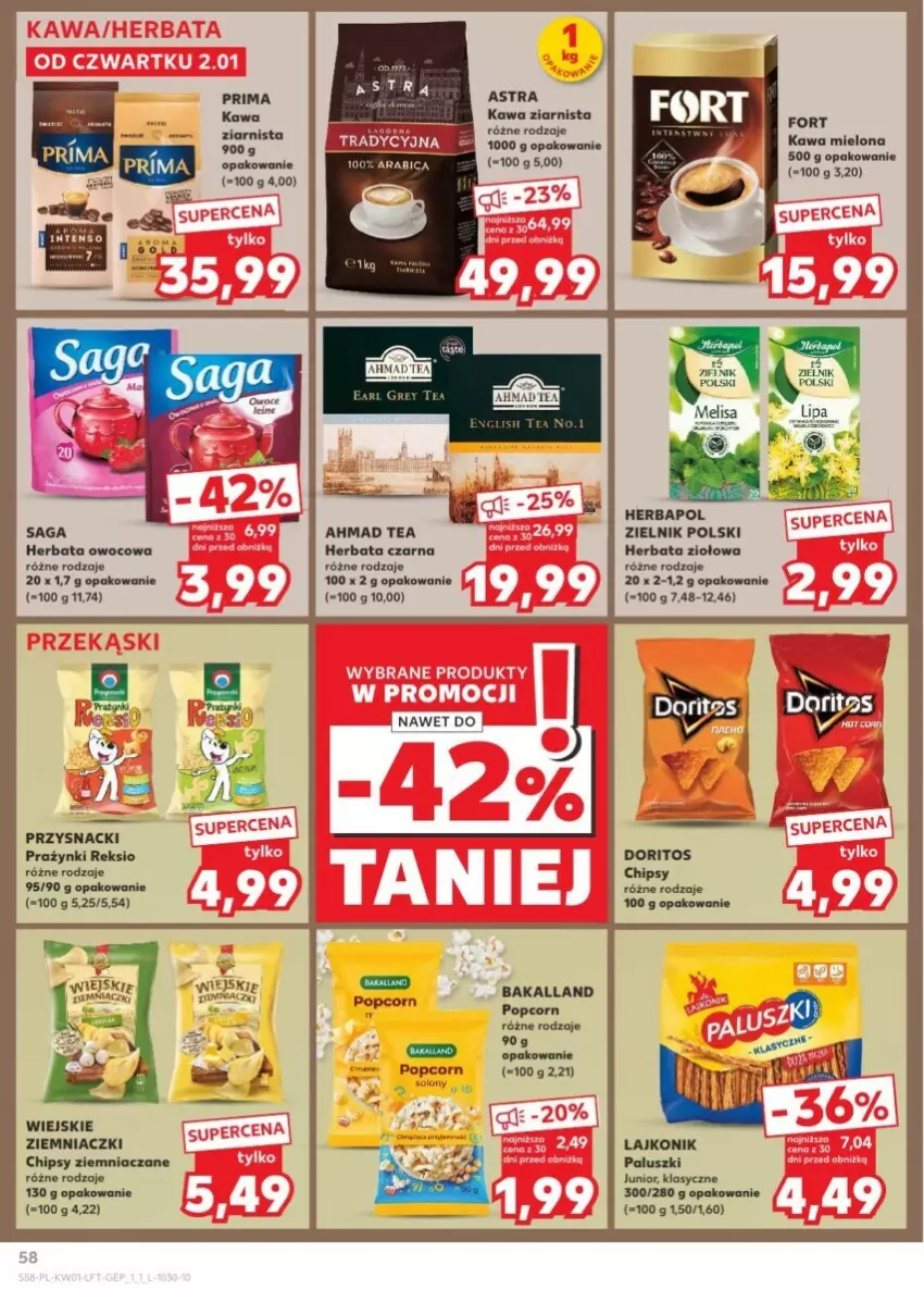 Gazetka promocyjna Kaufland - ważna 02.01 do 08.01.2025 - strona 54 - produkty: Bakalland, Chipsy, Herbapol, Herbata, Herbata czarna, Herbata owocowa, Kawa, Kawa mielona, Kawa ziarnista, Lajkonik, Popcorn, Przysnacki, Saga