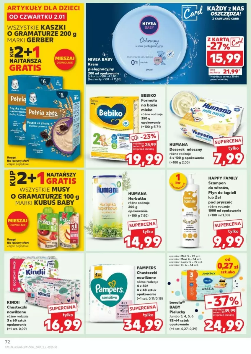 Gazetka promocyjna Kaufland - ważna 02.01 do 08.01.2025 - strona 70 - produkty: Bebiko, Chusteczki, Deser, Fa, Gerber, Gra, Humana, Kindii, Mus, Nivea, Nivea Baby, Pampers, Pieluchy, Płyn do kąpieli, Rama, Ser, Serek, Szampon, Waga