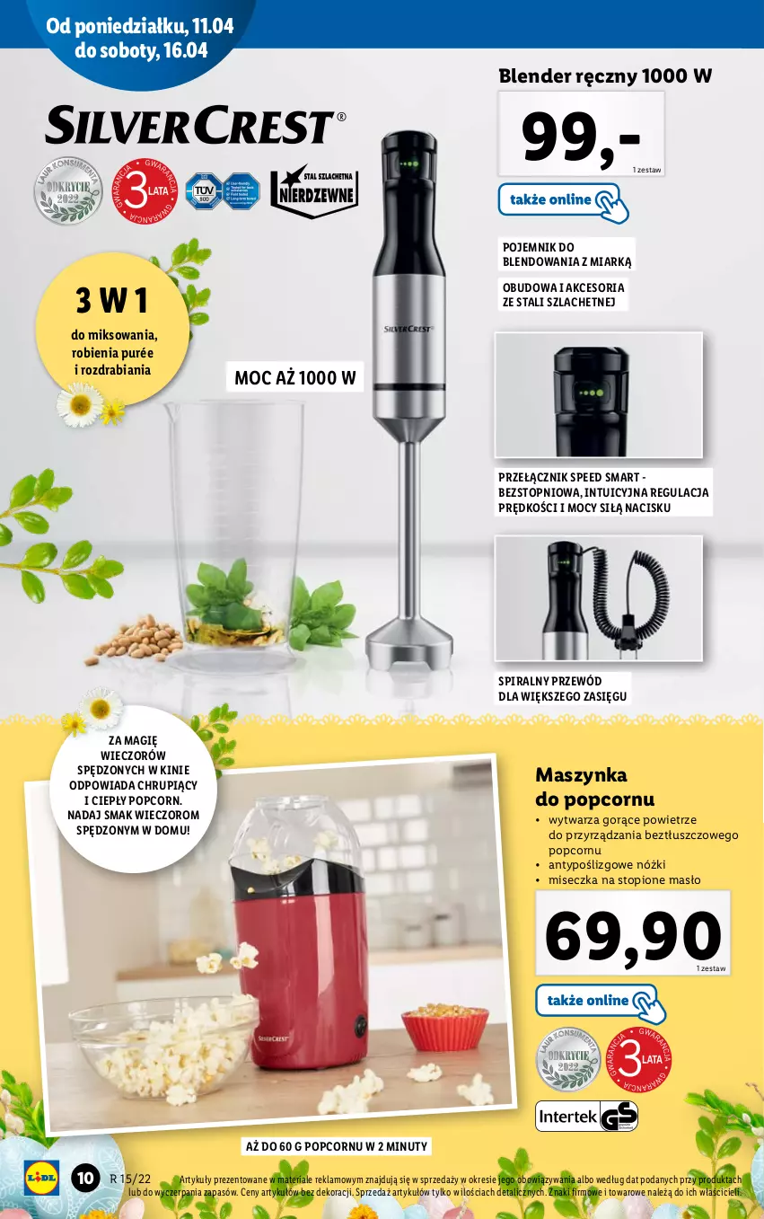 Gazetka promocyjna Lidl - GAZETKA - ważna 11.04 do 16.04.2022 - strona 10 - produkty: Blender, Blender ręczny, Masło, Maszynka, Miseczka, Nuty, Pojemnik, Popcorn, Przewód, Pur, Szynka, Top