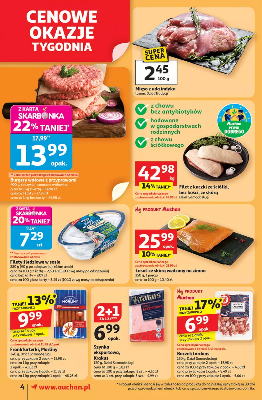 Gazetka promocyjna Auchan - Pewność niskich cen Supermarket - ważna 11.09 do 17.09.2025 - strona 4 - produkty: Boczek, Frankfurterki, Krakus, Mięso, Morliny, Por, Sos, Sport, Szynka