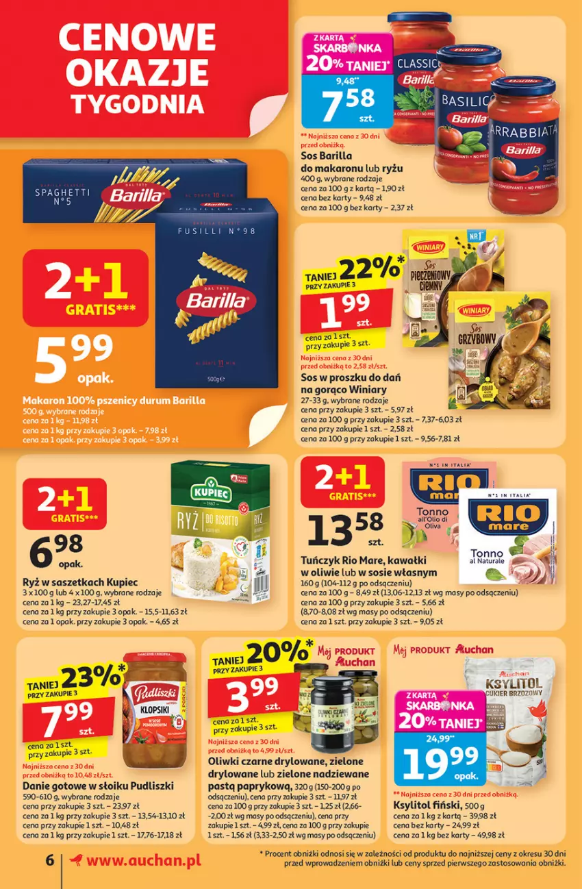 Gazetka promocyjna Auchan - Pewność niskich cen Supermarket - ważna 11.09 do 17.09.2025 - strona 6 - produkty: Barilla, Danie gotowe, Kawa, Ksylitol, Kupiec, Likier, Makaron, Oliwki, Oliwki czarne, Piec, Pudliszki, Rio Mare, Ryż, Sos, Spaghetti, Tuńczyk, Winiary