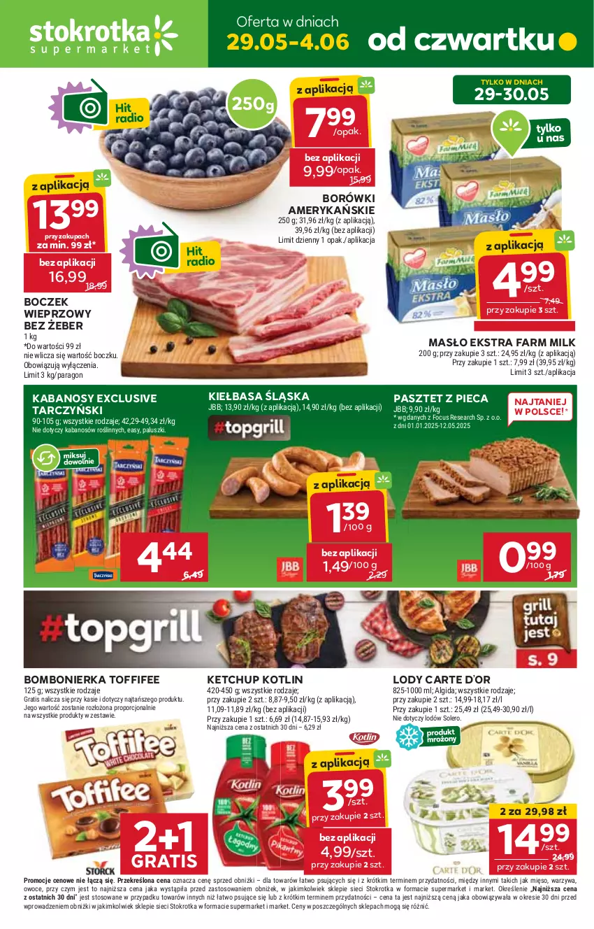 Gazetka promocyjna Stokrotka - Supermarket - ważna 29.05 do 04.06.2025 - strona 1 - produkty: Algida, Boczek, Boczek wieprzowy, Fa, Farm Milk, Gra, Kabanos, Ketchup, Kiełbasa, Kiełbasa śląska, Kotlin, LG, Lody, Masło, Mięso, Owoce, Pasztet, Piec, Por, Tarczyński, Toffifee, Warzywa