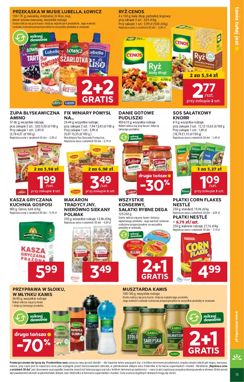 Gazetka promocyjna Stokrotka - Supermarket - ważna 29.05 do 04.06.2025 - strona 19 - produkty: Baton, Bell, Bella, Cenos, Corn flakes, Danie gotowe, Dega, Deser, Gra, Gry, Kamis, Kasza, Kasza gryczana, Knorr, Kuchnia, Lubella, Makaron, Mięso, Mus, Musztarda, Nestlé, Olma, Owoce, Owsianka, Por, Pudliszki, Ryż, Sałat, Ser, Sos, Warzywa, Winiary, Zupa