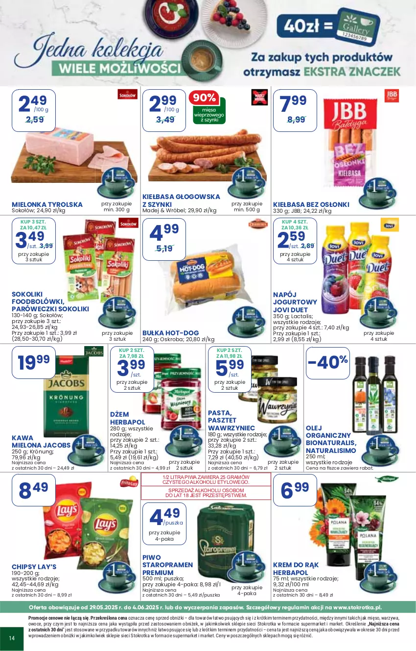 Gazetka promocyjna Stokrotka - Supermarket - ważna 29.05 do 04.06.2025 - strona 27 - produkty: Chipsy, Gra, Herbapol, Jacobs, Jogurt, Kawa, Kawa mielona, Lay’s, Mielonka tyrolska, Mięso, Napój, Napój jogurtowy, Olej, Owoce, Pasztet, Piwa, Piwo, Sok, Warzywa
