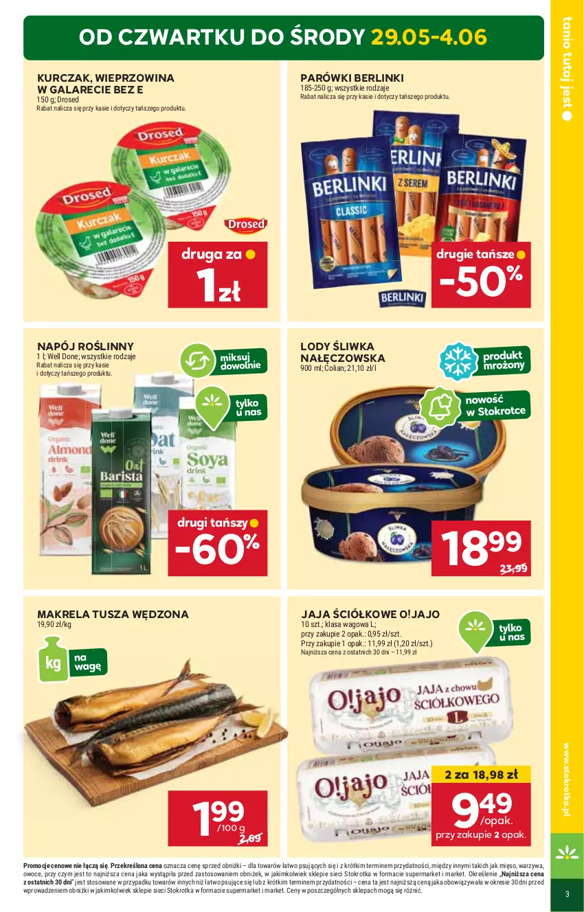 Gazetka promocyjna Stokrotka - Supermarket - ważna 29.05 do 04.06.2025 - strona 3 - produkty: Berlinki, Gala, Jaja, Kurczak, Lody, Mięso, Napój, Napój roślinny, Owoce, Parówki, Tusz, Warzywa, Wieprzowina