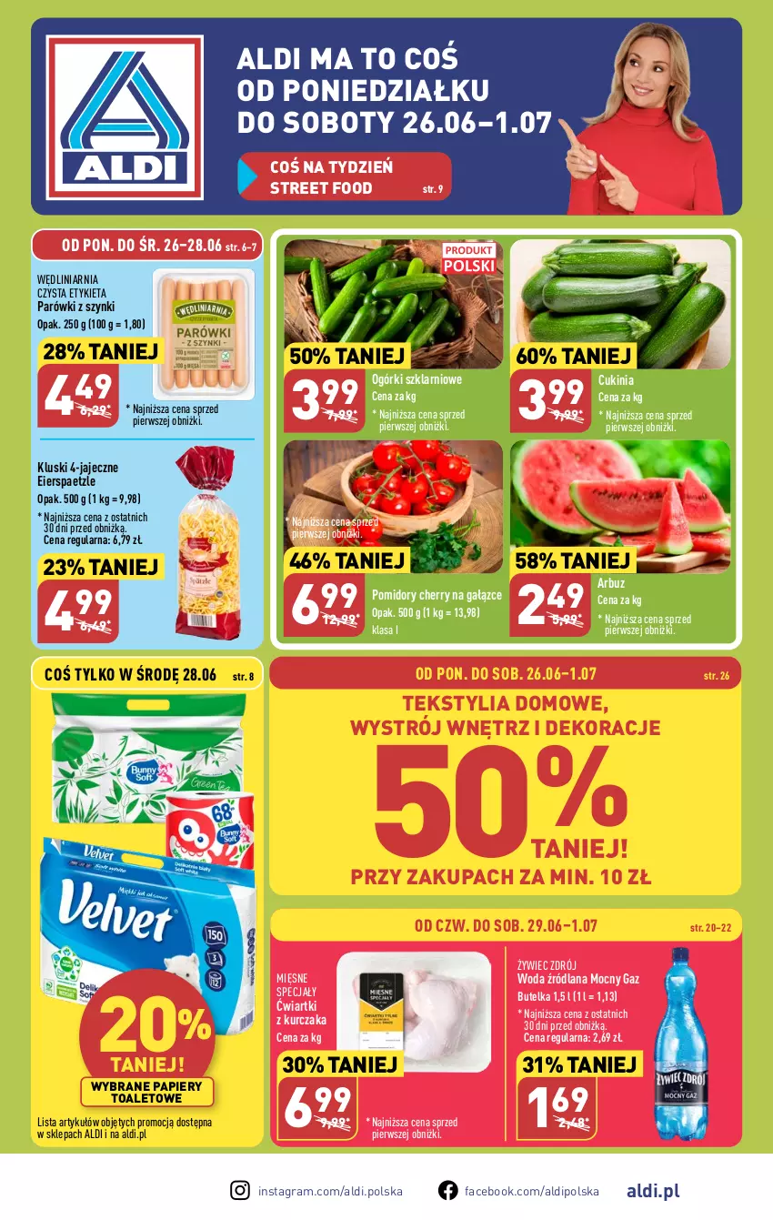 Gazetka promocyjna Aldi - Pełen katalog od 26.06 - ważna 26.06 do 01.07.2023 - strona 1 - produkty: Arbuz, Fa, Gra, Kurczak, LANA, Mięsne specjały, Papier, Parówki, Parówki z szynki, Pomidory, Woda