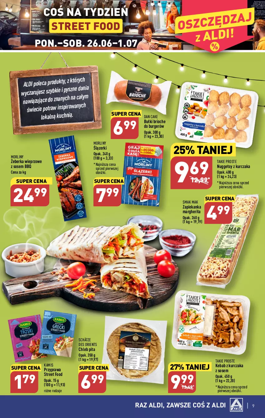 Gazetka promocyjna Aldi - Pełen katalog od 26.06 - ważna 26.06 do 01.07.2023 - strona 9 - produkty: Burger, Chleb, Dan Cake, Kamis, Kebab, Kebab z kurczaka, Kurczak, Morliny, Sos, Zapiekanka