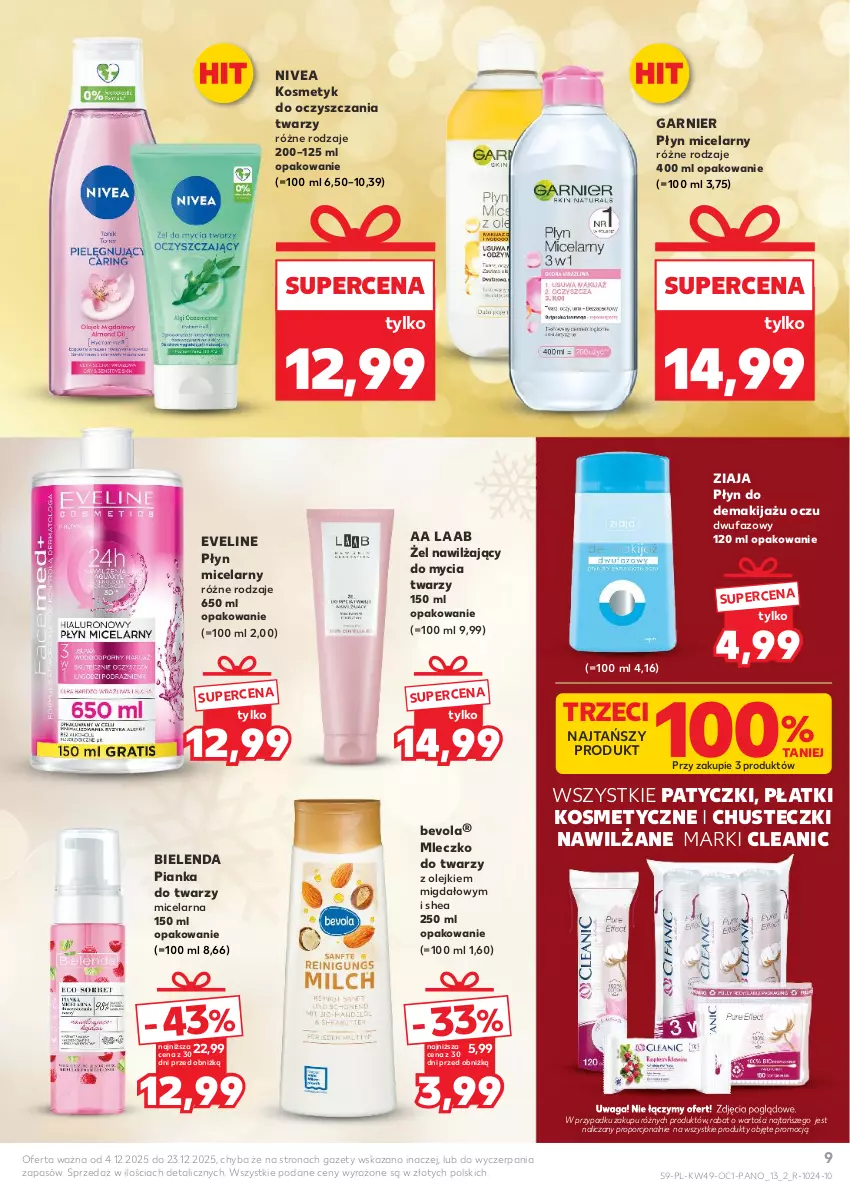 Gazetka promocyjna Kaufland - Kaufland - ważna 04.12 do 23.12.2025 - strona 9 - produkty: Bielenda, Chusteczki, Cleanic, Eveline, Fa, Garnier, Makijaż, Mleczko, Nivea, Olej, Płatki kosmetyczne, Płyn micelarny, Por, Waga, Ziaja