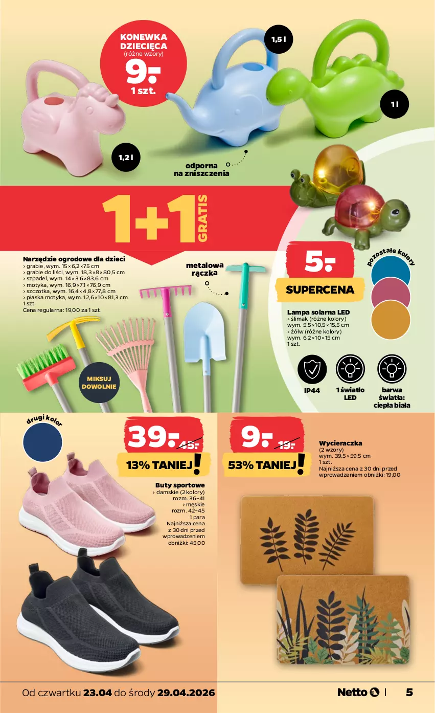 Gazetka promocyjna Netto - Od Czwartku - ważna 23.04 do 29.04.2026 - strona 5 - produkty: Buty, Dzieci, Gra, Konewka, Lampa, Por, Sport, Szczotka, Wycieraczka